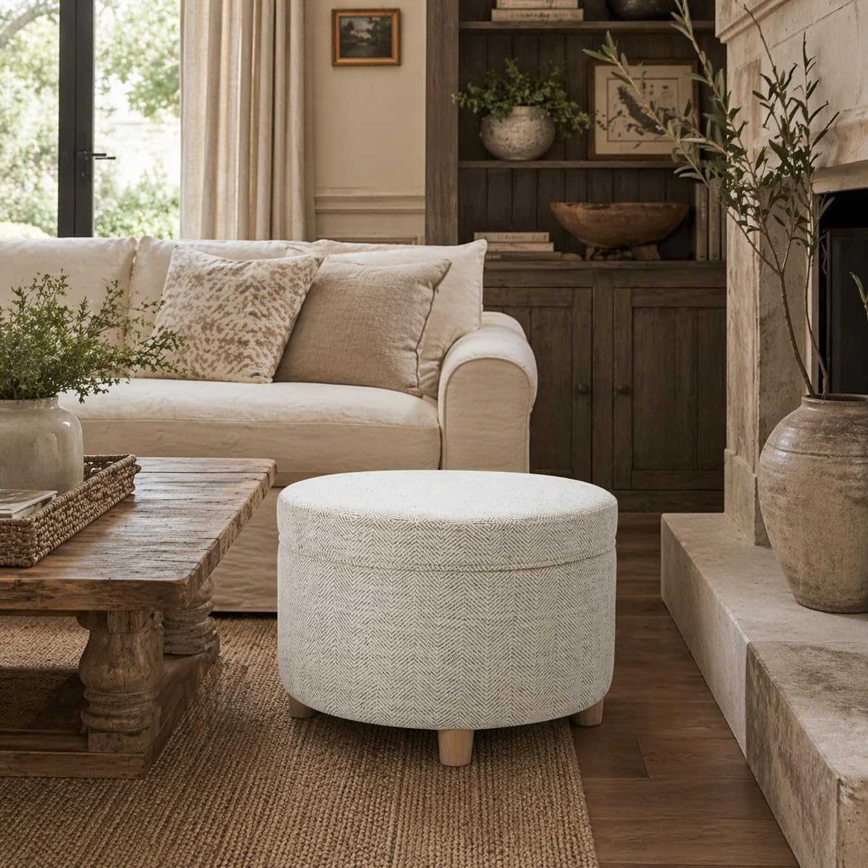 HomePop 24' Large Round Storage Ottoman - Cream Chevron Woven