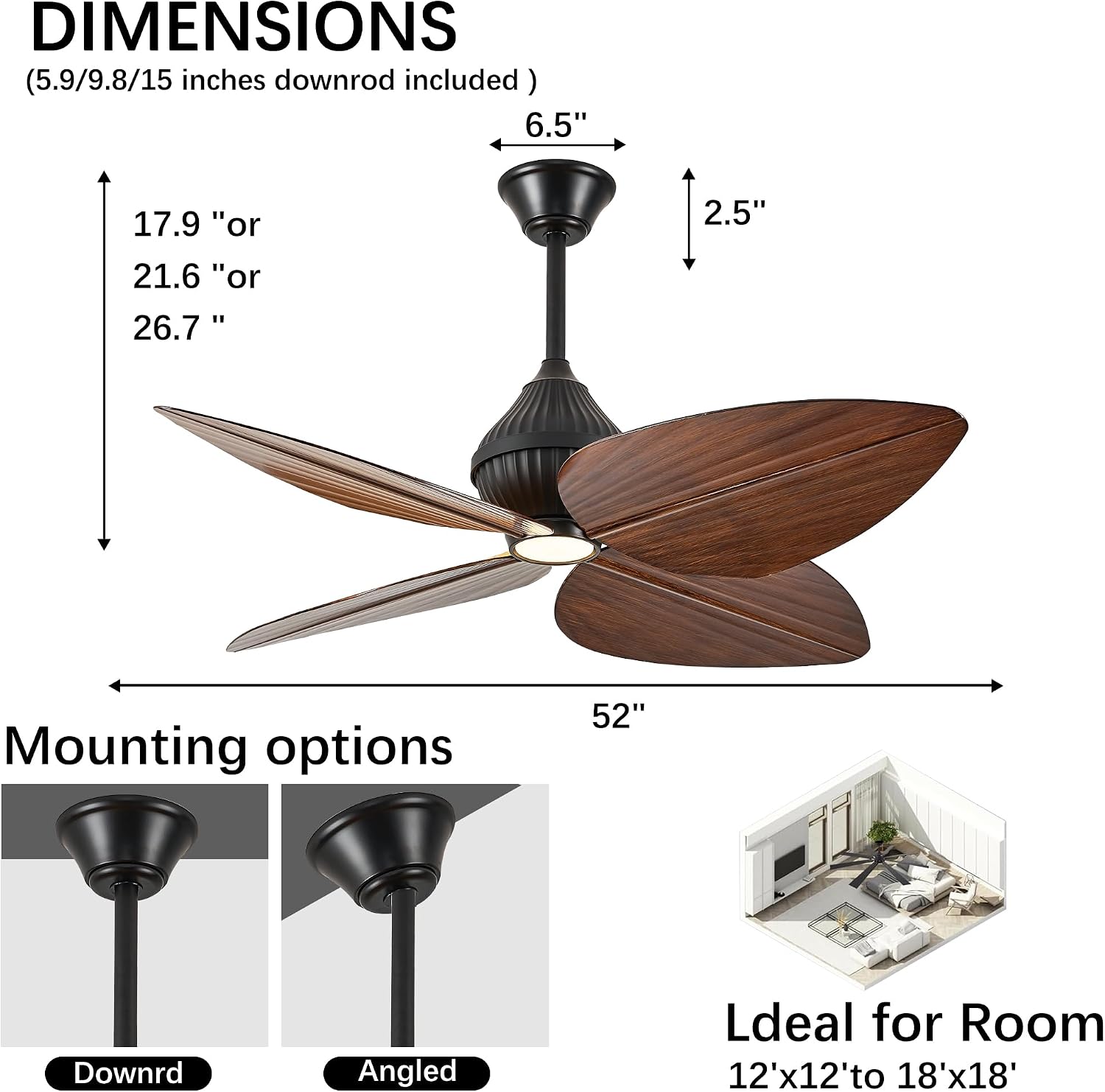 52' Ceiling Fan, Tropical Ceiling Fans with APP and Remote Control, Indoor Palm Leaf Ceiling Fans with Lights for Living Room Bedroom Patios, Dimmable(Walnut)