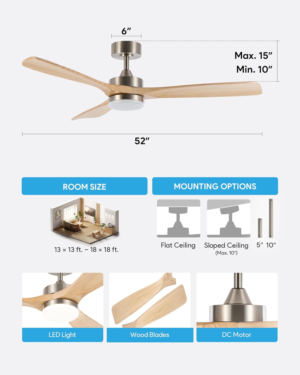 VONLUCE Wood Ceiling Fan with Lights, 52 Inch Ceiling Fan and Remote, 6 Speed Reversible Noiseless DC Motor, 3CCT, Solid Wood Outdoor Ceiling Fan for Patios Farmhouse, Nickel