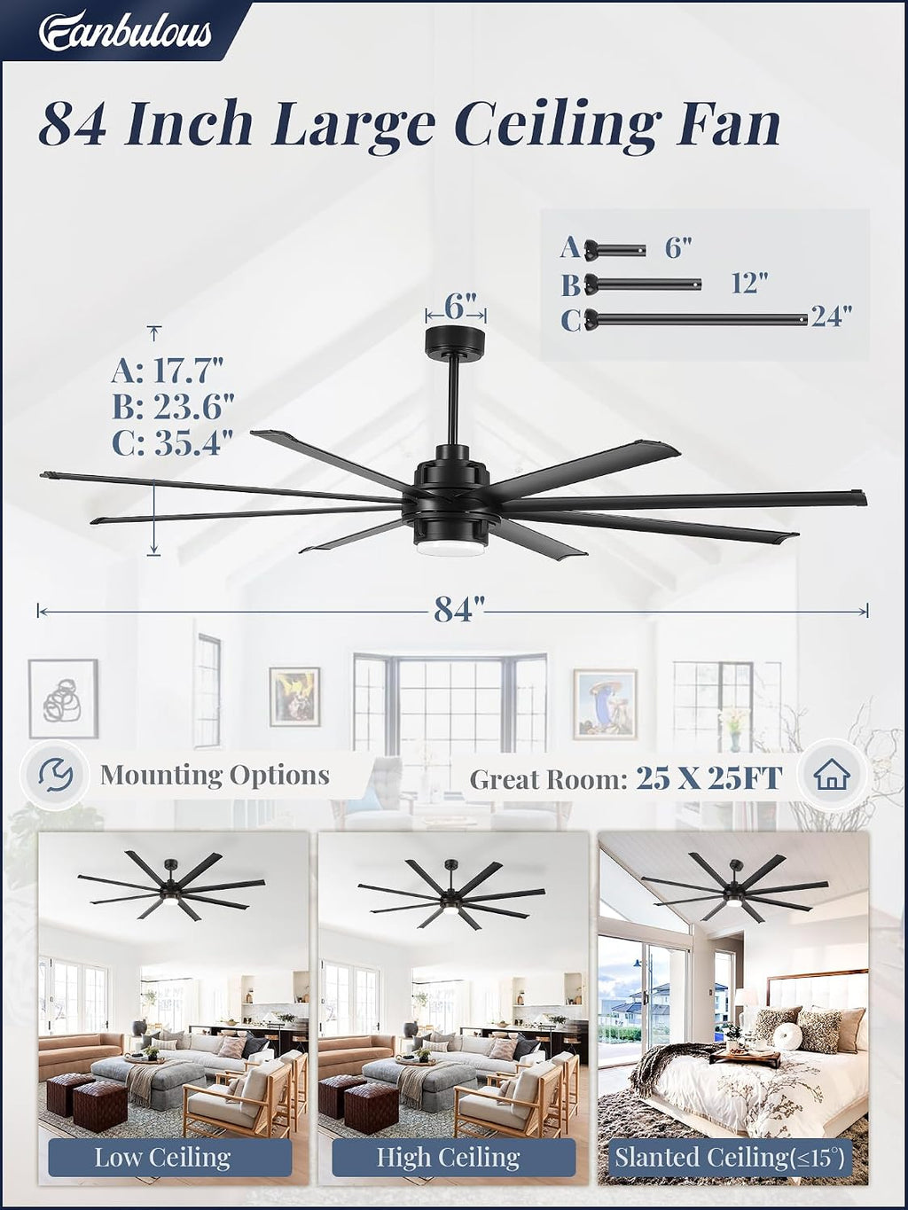 Fanbulous 84 inch Large Ceiling Fan Outdoor Industrial Ceiling Fan with Light and Remote, 6-Speed, 3CCT, 8 Aluminum Blades, Modern Black Big Assed Ceiling Fans for Patios Garage Shop Porch Indoor
