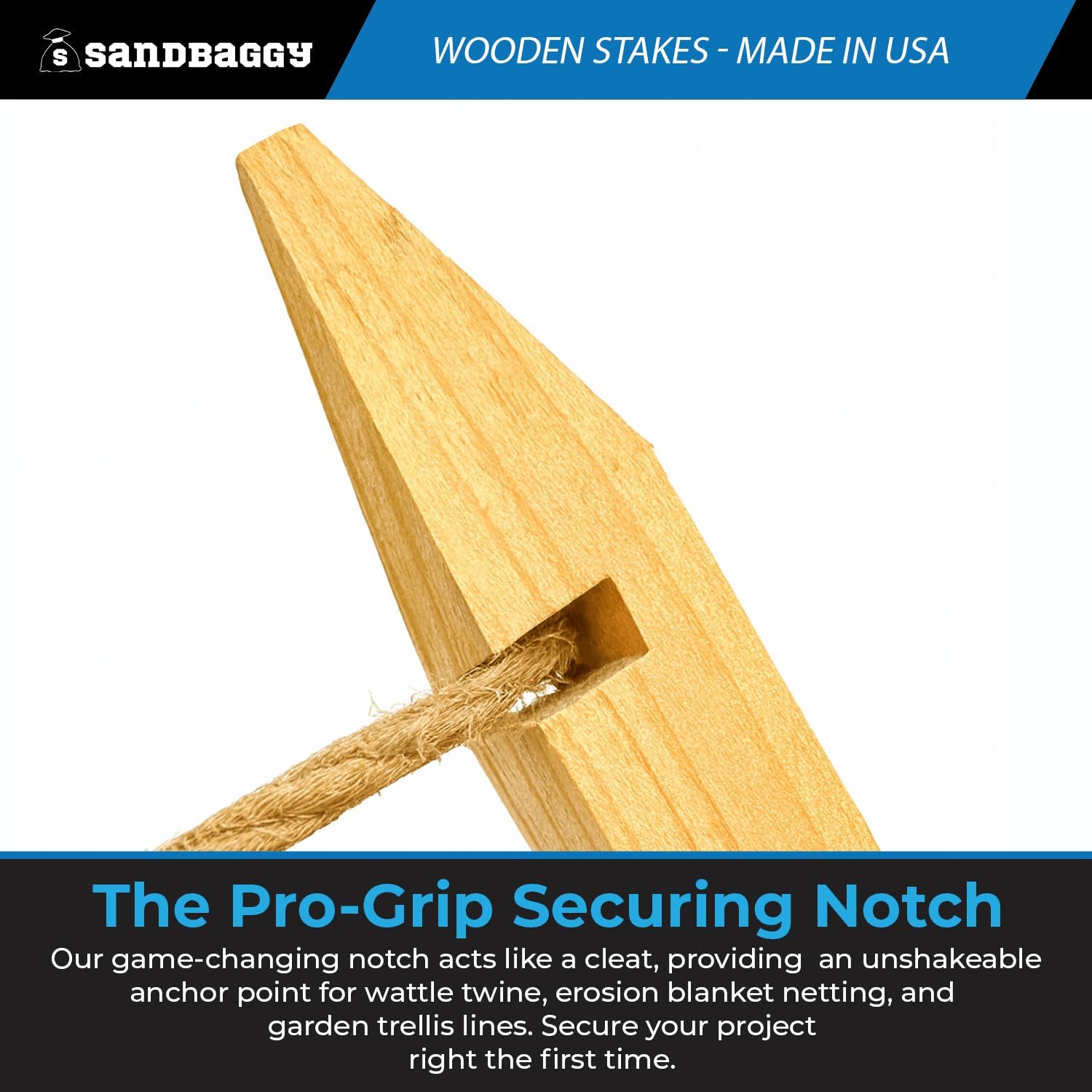 Sandbaggy 24' Erosion Control Wood Stakes with Notch - 100% Biodegradable - Chisel Point, Douglas Fir Wood - Made in The USA (50)
