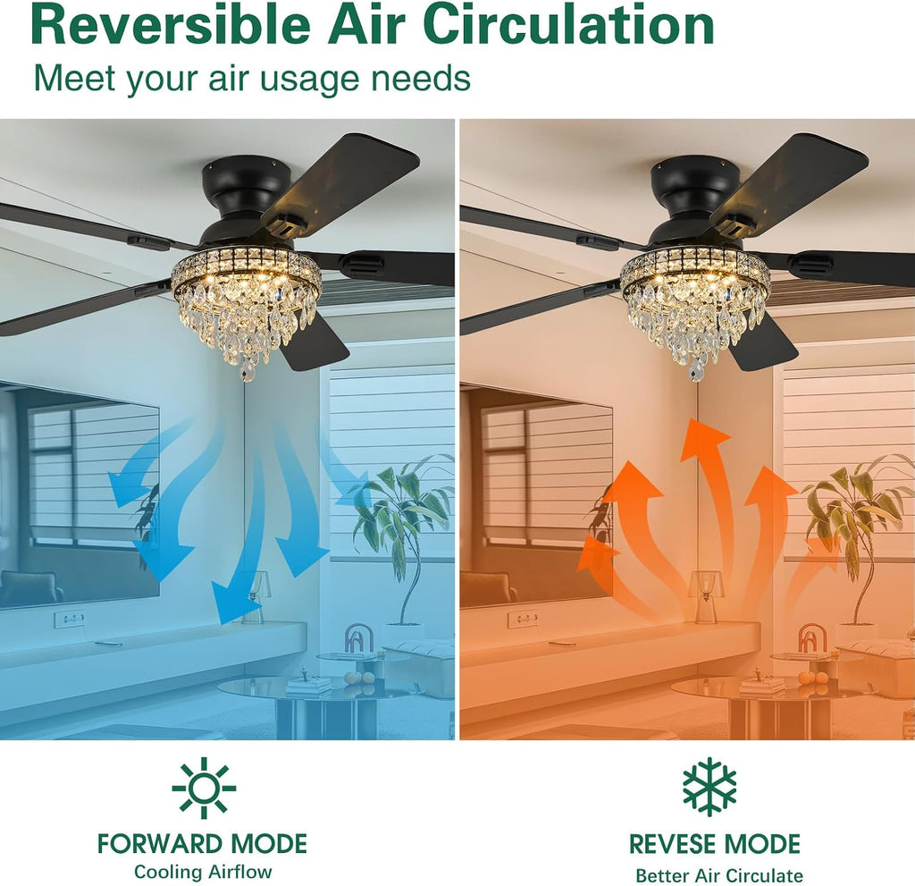 52' Crystal Ceiling Fans with RGB Lights, Remote/App Control, Modern Fandelier Ceiling Fan Flush Mount, Reversible DC Motor, Dimmable, Bedroom Chandelier Fan, (Black)