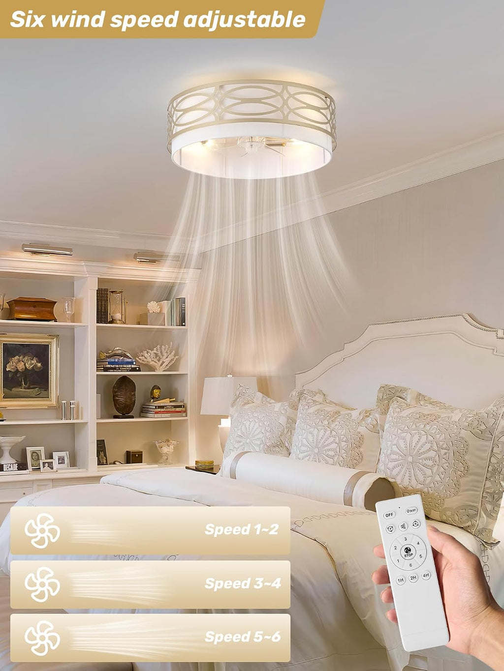 20' Gold Flush Mount Ceiling Fan with Light, Caged Boho Ceiling Fan with Lights Remote Control with 6 Speeds for Bedroom, Living Room, Nursery