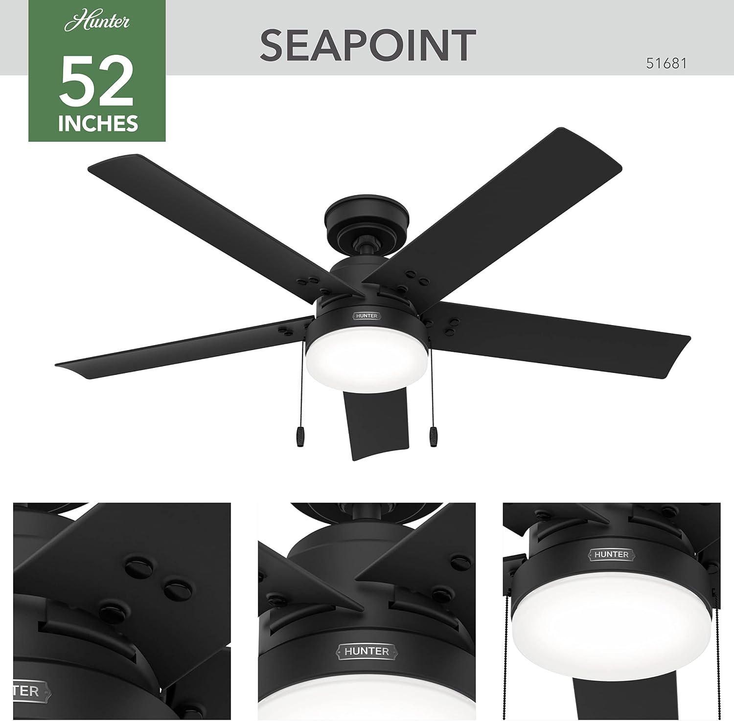 Hunter 52 inch Outdoor or Indoor Ceiling Fan with LED Light and Pull Chain - Black Ceiling Fan, Standard Mount, 5 Blades, For Patio, Porch, Garage, or Living Room - Sea Point 51681, Matte Black