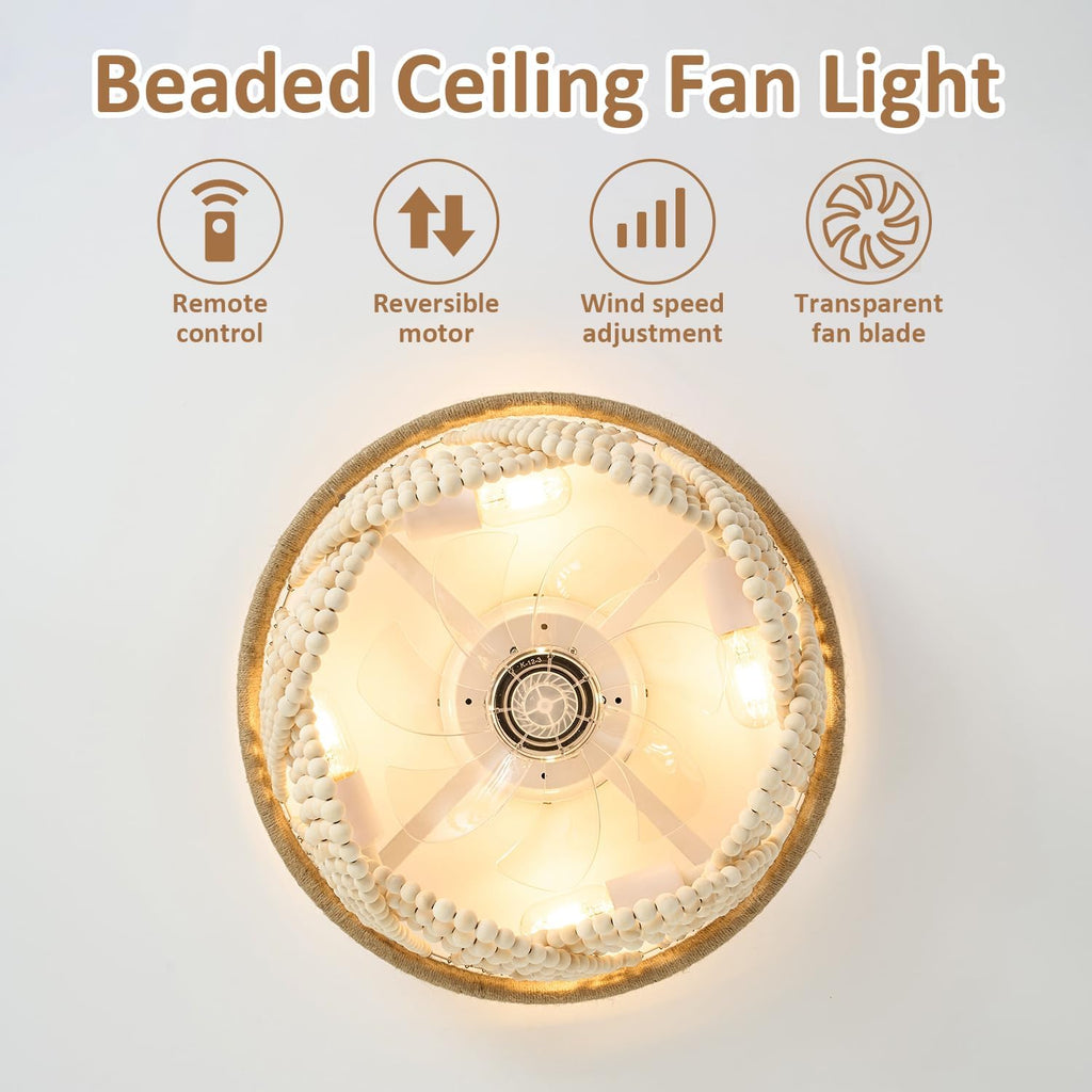 20' Boho Ceiling Fan with Light, Coastal Fandelier Ceiling Fans with Lights and Remote Control,Caged Wood Beaded Flush Mount with 6 Speeds for Living Room Bedroom Nursery