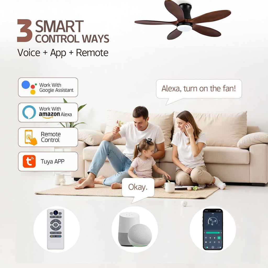 Smart 42 inch Ceiling fan with Light, Voice & App & Remote Control,Black Flush Mount Ceiling Fans,5 walnut Wood Blades, Reversible,3CCT,Dimmable,Quiet,for Living Room,Bedroom,Patio