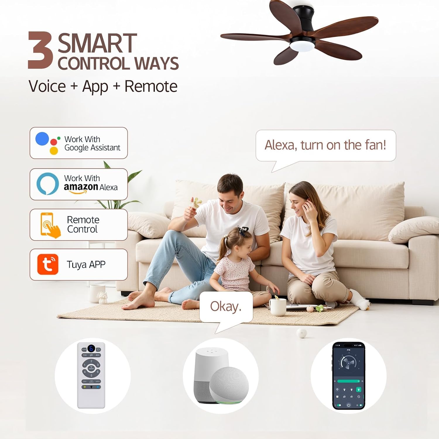 Smart 42 inch Ceiling fan with Light, Voice & App & Remote Control,Black Flush Mount Ceiling Fans,5 walnut Wood Blades, Reversible,3CCT,Dimmable,Quiet,for Living Room,Bedroom,Patio