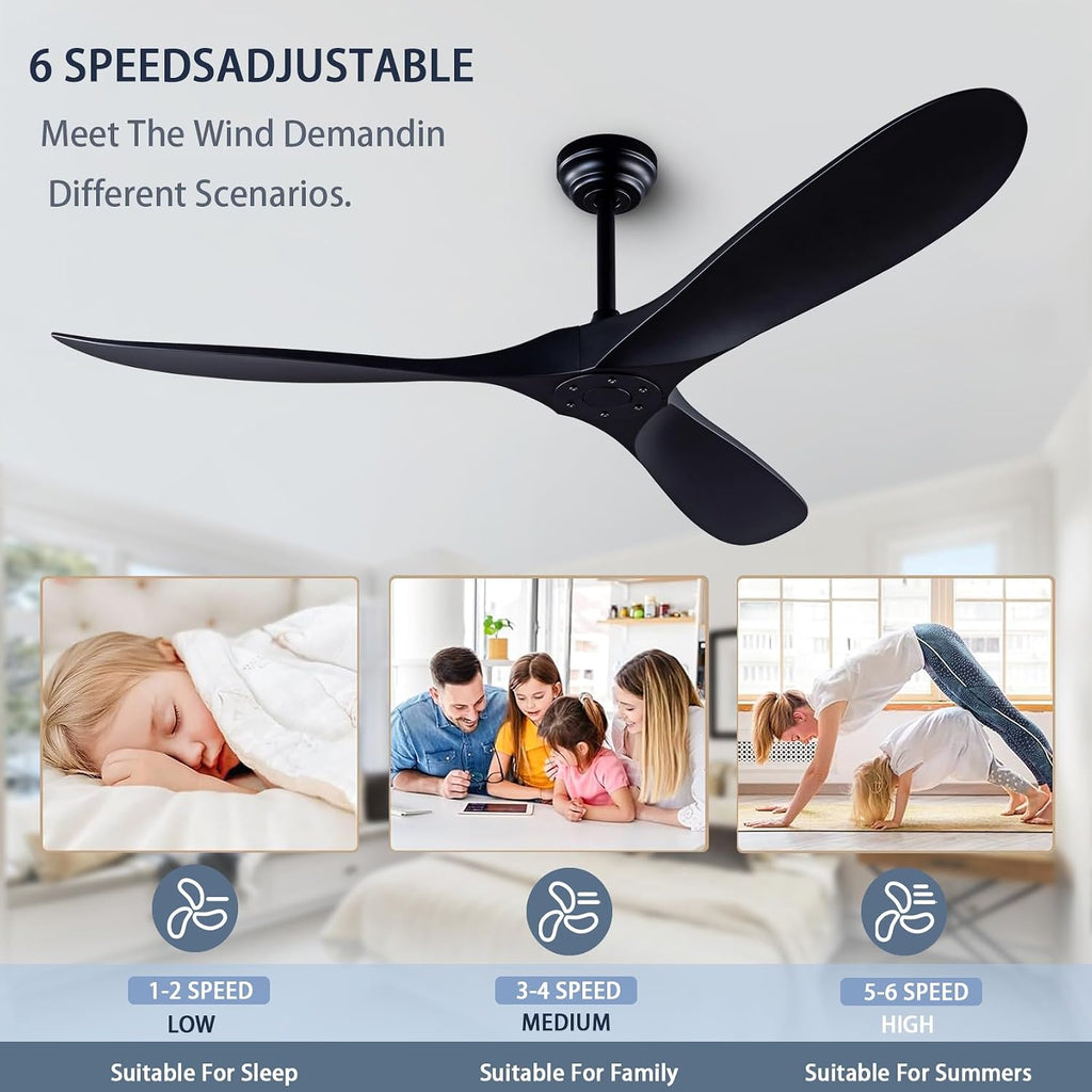 60' Ceiling Fans with Remote Control, No Lights, Modern Reversible DC Motor Indoor Outdoor 3 Blade Ceiling Fan for Patio, Living Room, Bedroom and Farmhouse (Black)