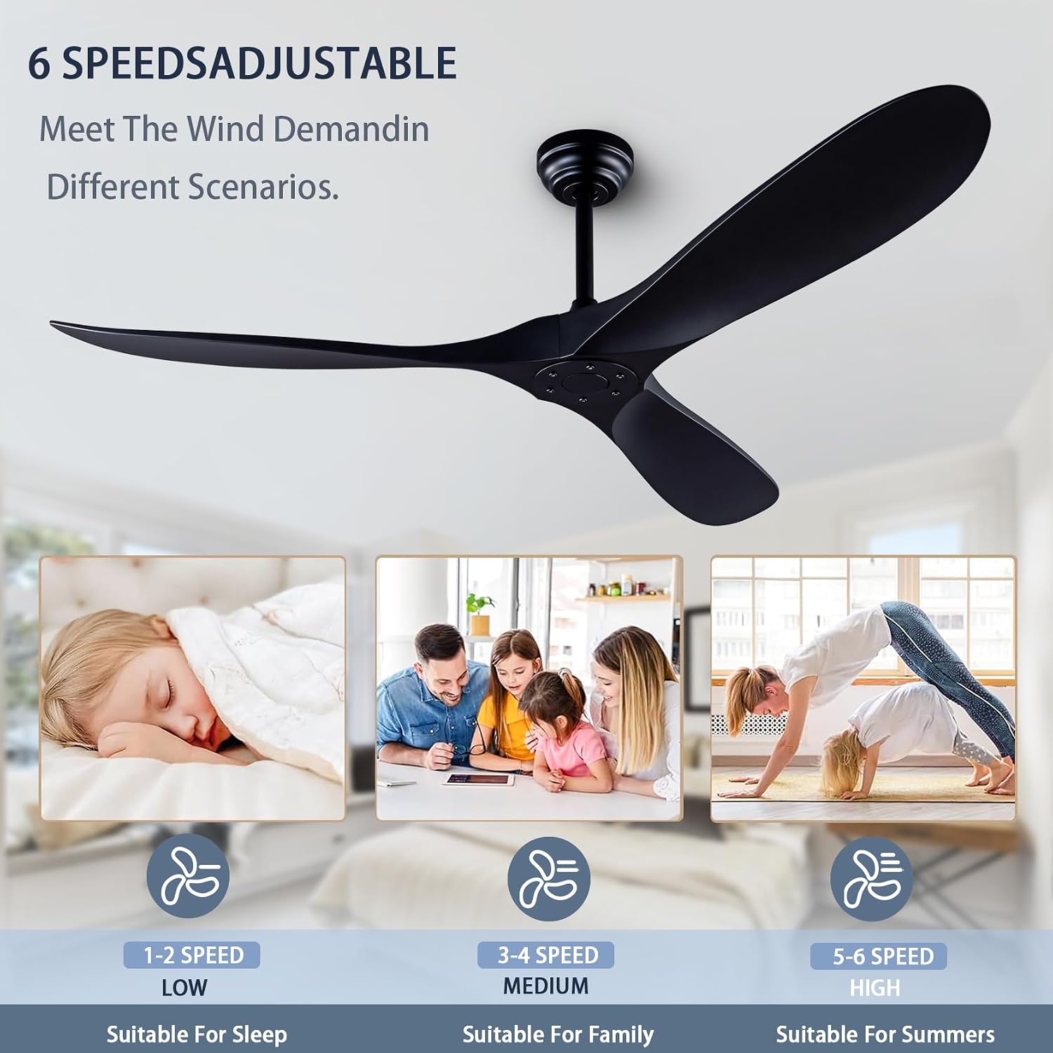 60' Ceiling Fans with Remote Control, No Lights, Modern Reversible DC Motor Indoor Outdoor 3 Blade Ceiling Fan for Patio, Living Room, Bedroom and Farmhouse (Black)