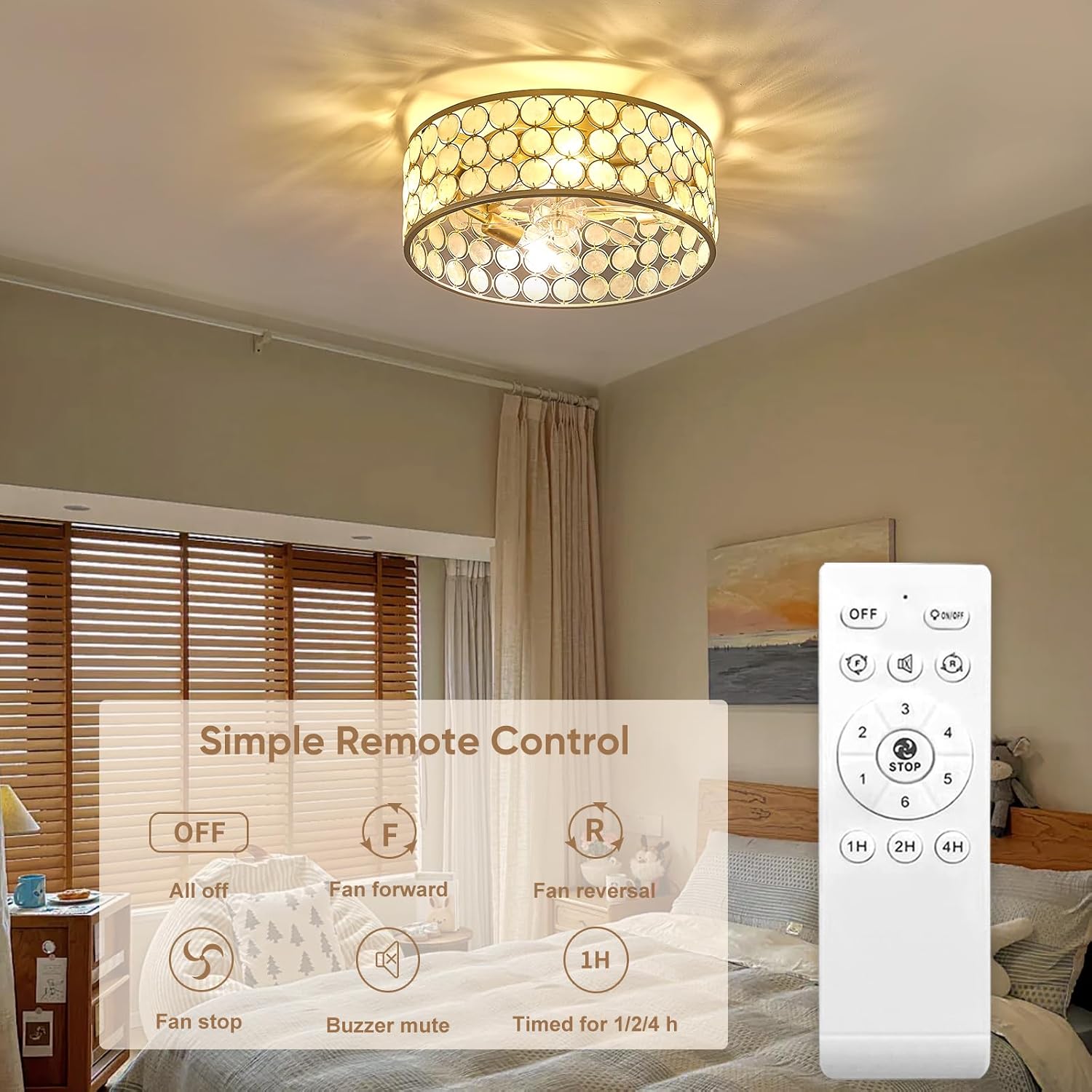 20'Boho Ceiling Fans with Lights and Remote Capiz Fandelier Ceiling Fan with Light Coastal Enclosed Caged Ceiling Fan for Bedroom，Nursery,Foyer,Kitchen(6 Speeds Gold Shade and White Shells )