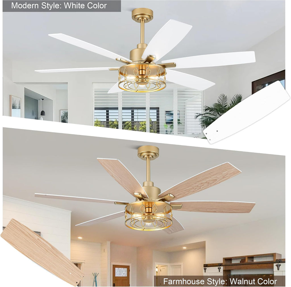 White and Gold Ceiling Fan with Lights 60 Inch Fandelier Ceiling Fan Gold Caged Chandelier Modern Fandeliers with Lights and Remote for Living Room Indoor Outdoor, Reversible 6 Speeds