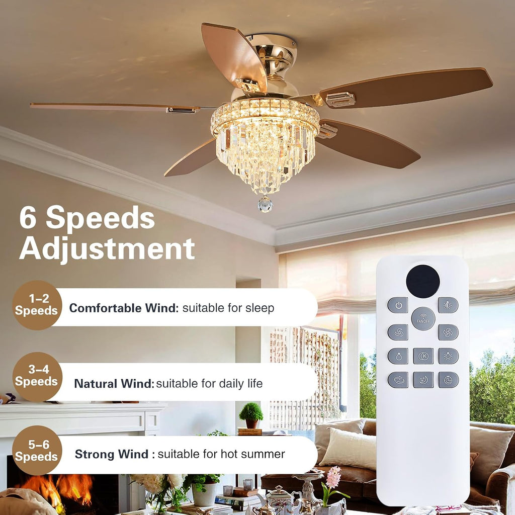 Crystal Ceiling Fan Fandelier with Lights-Ceiling Fans with Lights,50' Low Profile and Remote Control, Flush Mount, Reversible, Dimmable, Noiseless,Ceiling Fan for Bedroom（Gold）