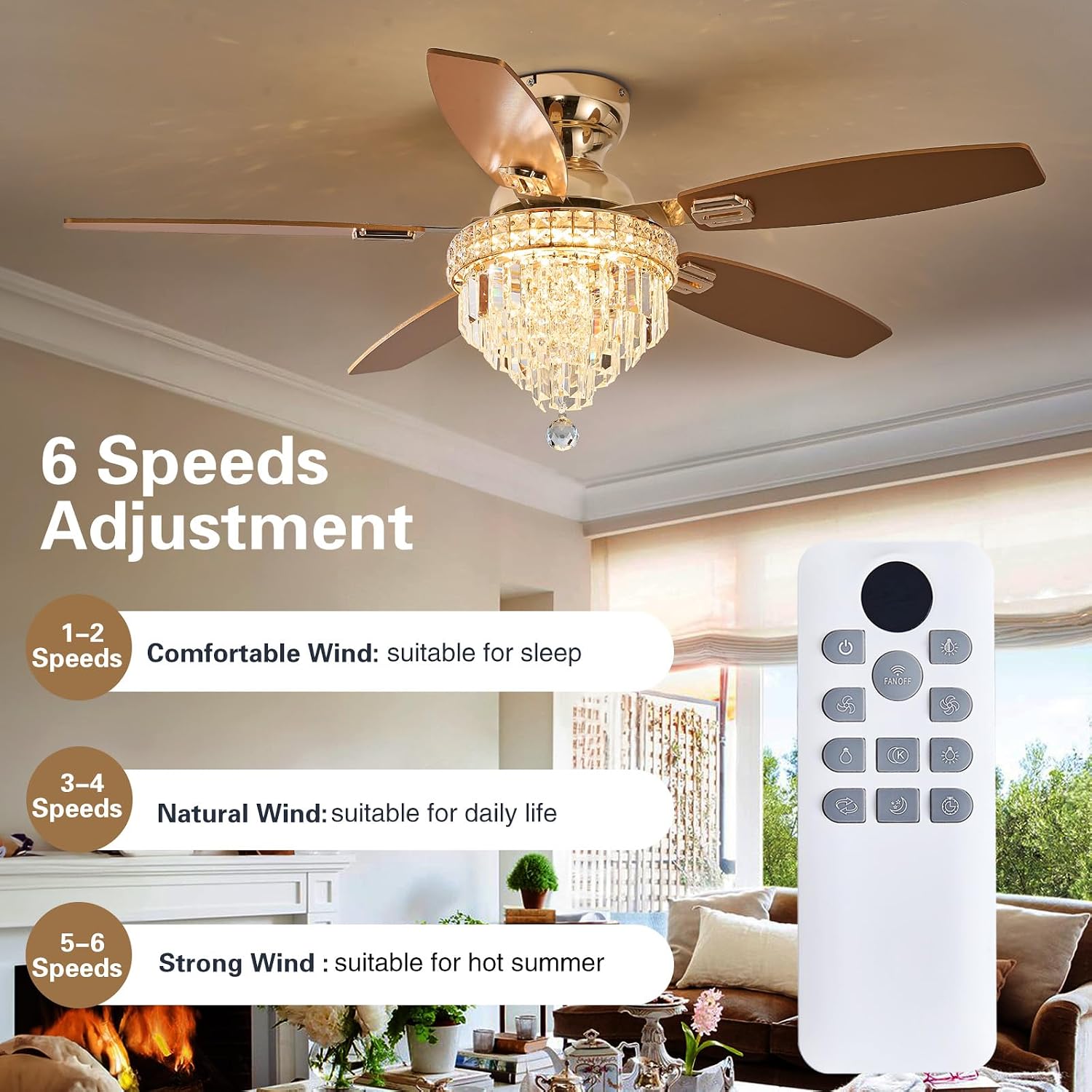 Crystal Ceiling Fan Fandelier with Lights-Ceiling Fans with Lights,50' Low Profile and Remote Control, Flush Mount, Reversible, Dimmable, Noiseless,Ceiling Fan for Bedroom（Gold）