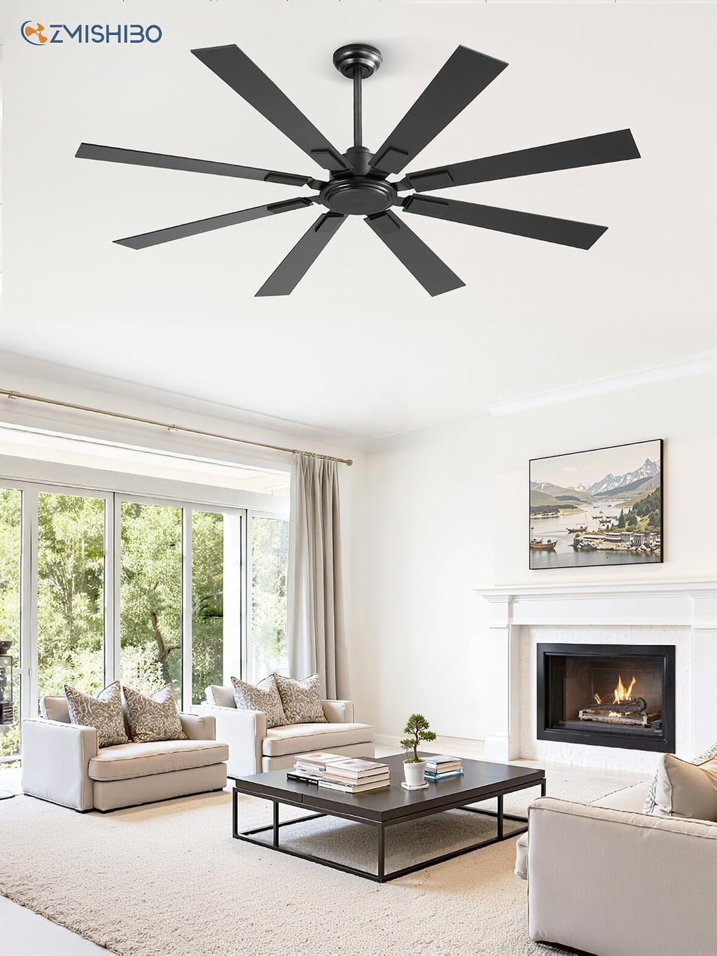 ZMISHIBO 62 Inch Ceiling Fan No Light with Remote, Modern Black Ceiling Fan without Light, Quiet Reversible DC Motor, 6-Speeds, Large Ceiling Fans for Living Room, Bedroom, Patio, Indoor/Outdoor Use