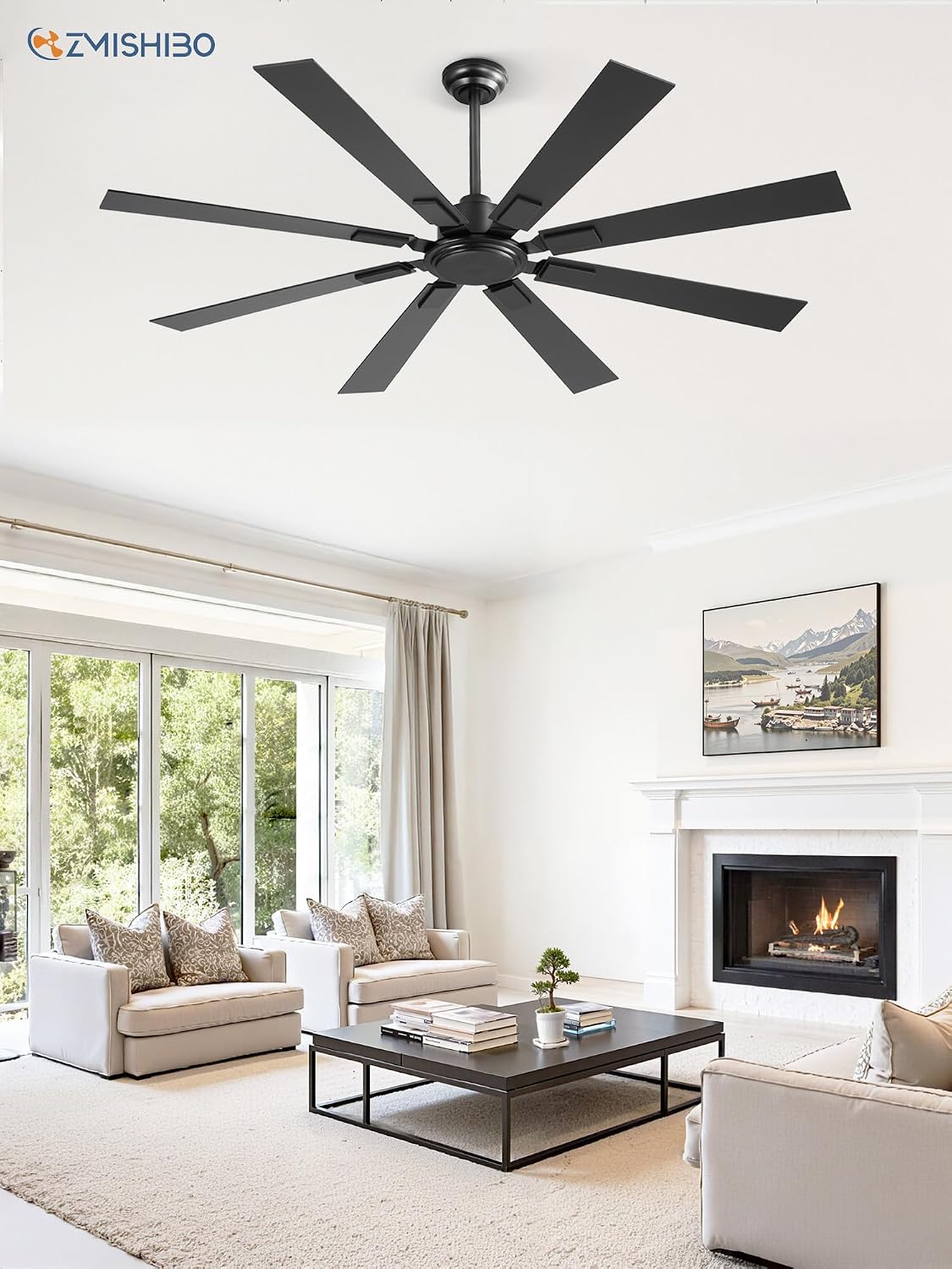 ZMISHIBO 62 Inch Ceiling Fan No Light with Remote, Modern Black Ceiling Fan without Light, Quiet Reversible DC Motor, 6-Speeds, Large Ceiling Fans for Living Room, Bedroom, Patio, Indoor/Outdoor Use