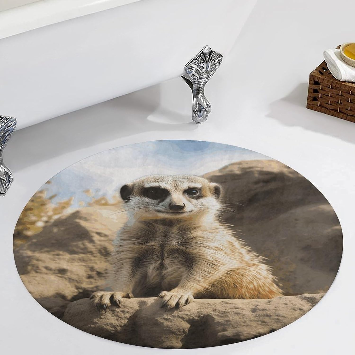 Meerkat Animal Coral Velvet Round Floor Mat Non-Slip Bath Rug Floor Covering for Bathroom Vanity Guest Suite & Vacation Home