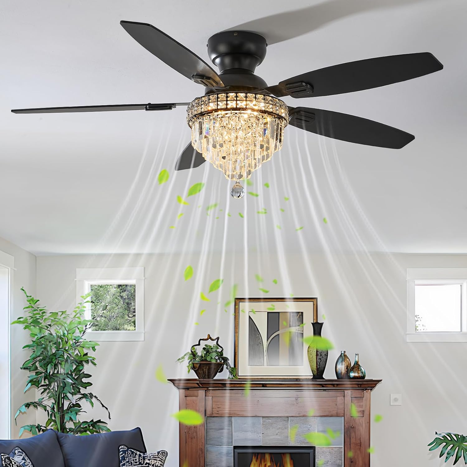 Crystal Ceiling Fan Fandelier with Lights-Ceiling Fans with Lights,54' Low Profile and Remote Control, Flush Mount, Reversible, Dimmable, Noiseless, Black Ceiling Fan for Bedroom