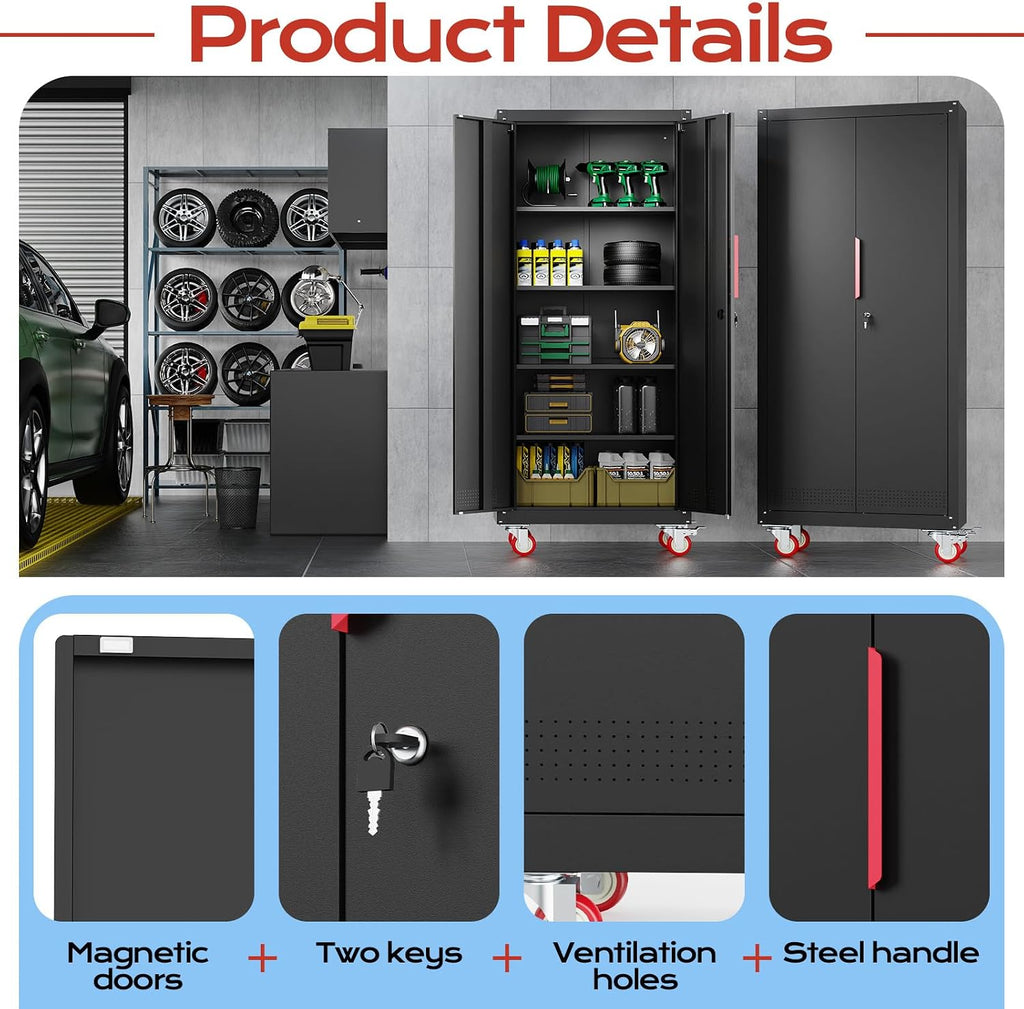 LMTC 71' H Garage Storage Cabinet with 4 Adjustable Shelves and Wheels, Lockable Metal Storage Cabinet for Garage, Home, Warehouse, Assembly Required,Black