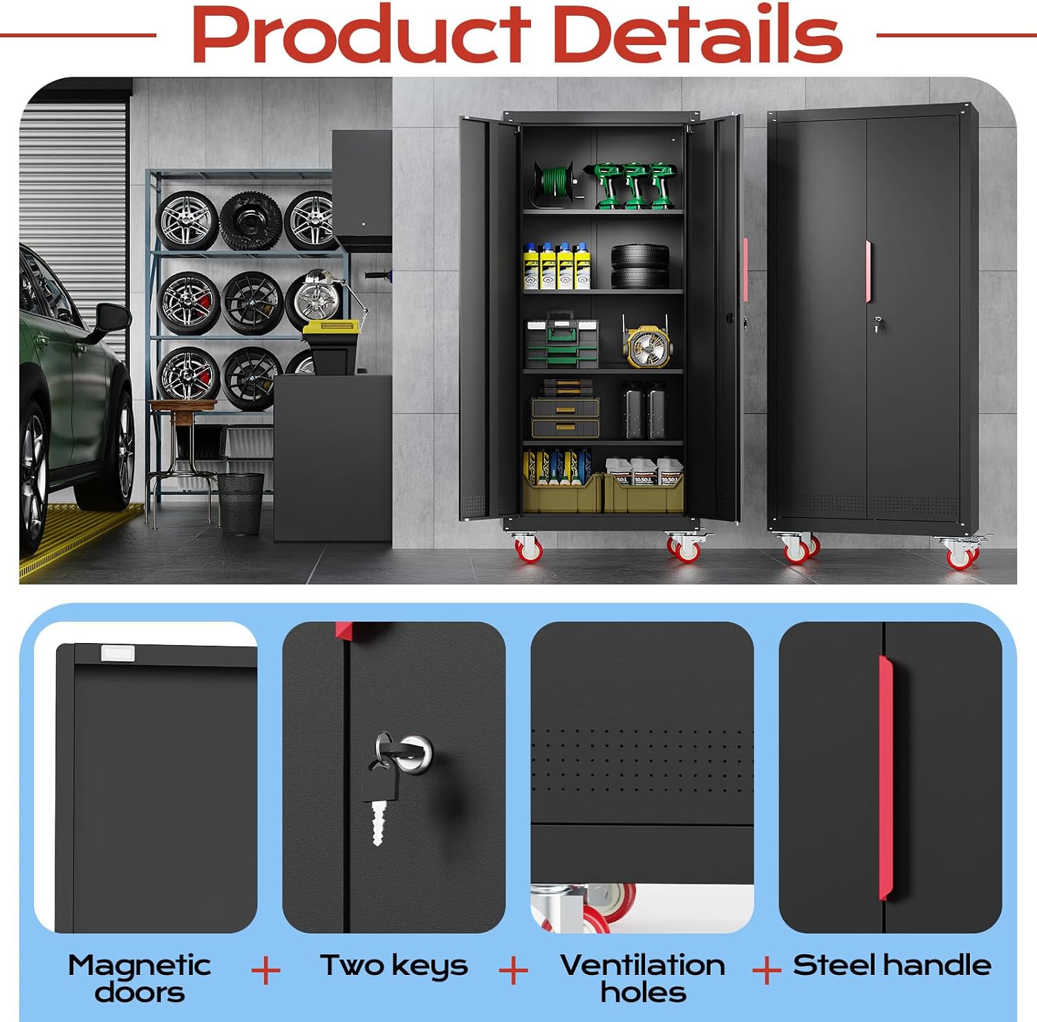 LMTC 71' H Garage Storage Cabinet with 4 Adjustable Shelves and Wheels, Lockable Metal Storage Cabinet for Garage, Home, Warehouse, Assembly Required,Black