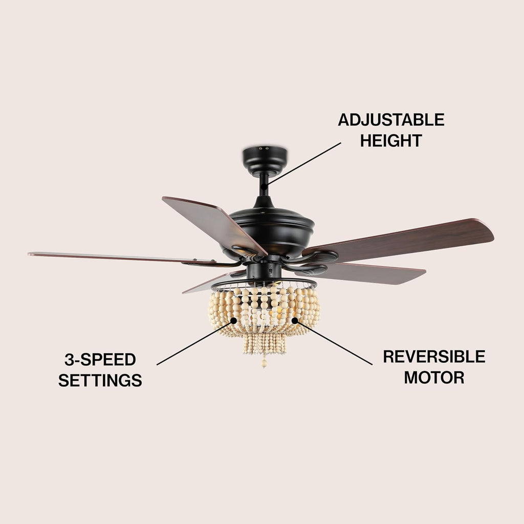 JONATHAN Y 52' Black 3-Light Iron and Wood Bead LED Ceiling Fan, Farmhouse Rustic Bohemian Style with Remote Control and Reversible Blades, LED Bulbs Included JYL9617A