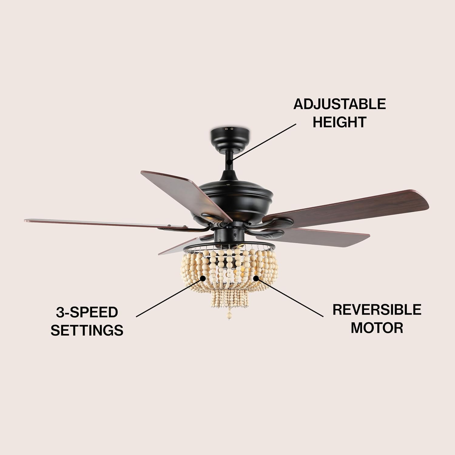 JONATHAN Y 52' Black 3-Light Iron and Wood Bead LED Ceiling Fan, Farmhouse Rustic Bohemian Style with Remote Control and Reversible Blades, LED Bulbs Included JYL9617A