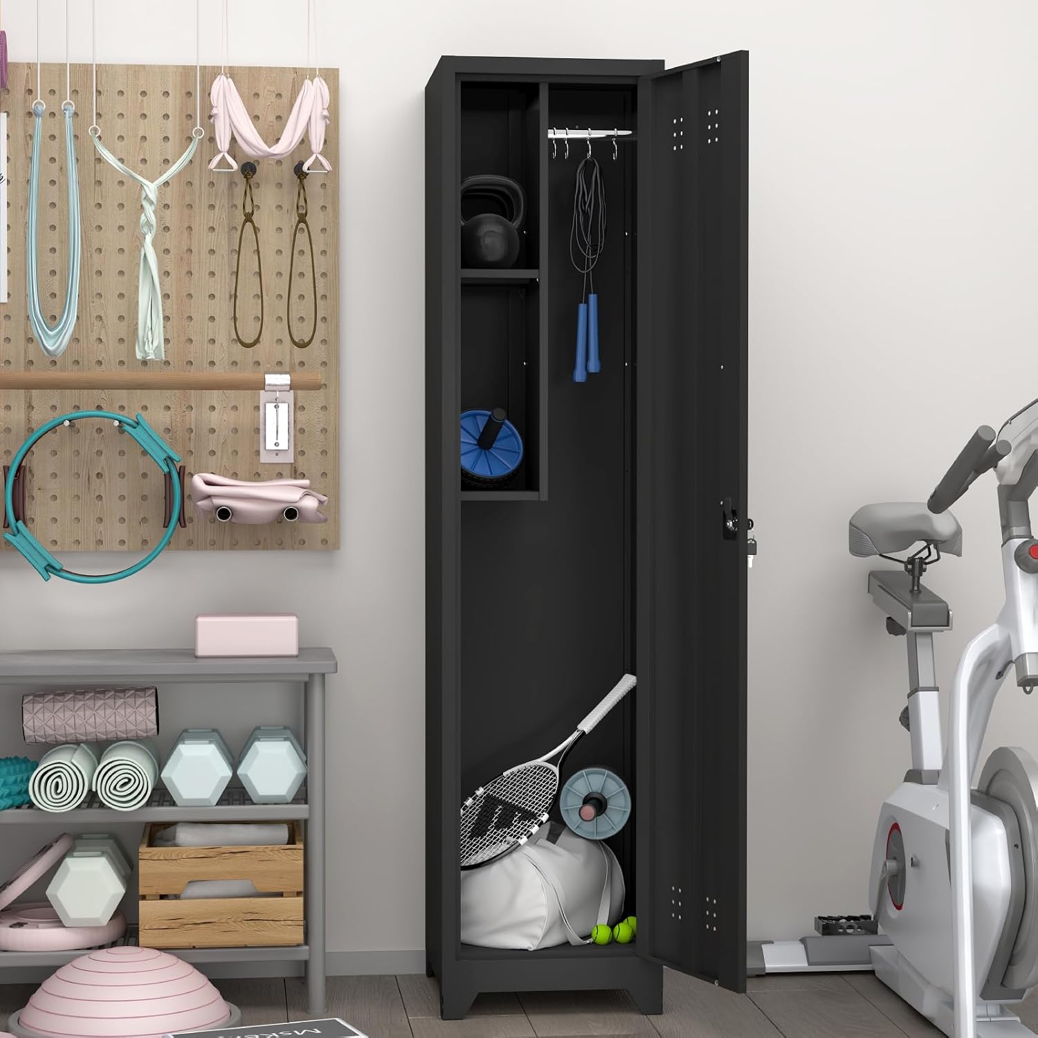GREATMEET Slim Broom Storage Cabinets, Metal Garage Cabinet with Shelves and Hanging Rod, Black Utility Cabinet with Locking Door, Slim Cabinet for Small Spaces Cleaning Supplies, Shop