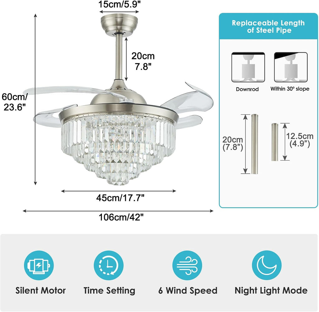 42' Dimmable LED Ceiling Fan with Light Crystal Chandelier Fan with Remote Control Noiseless Reversible Motor for Bedroom Living Room Study Kitchen Dinning Room (Nickel)