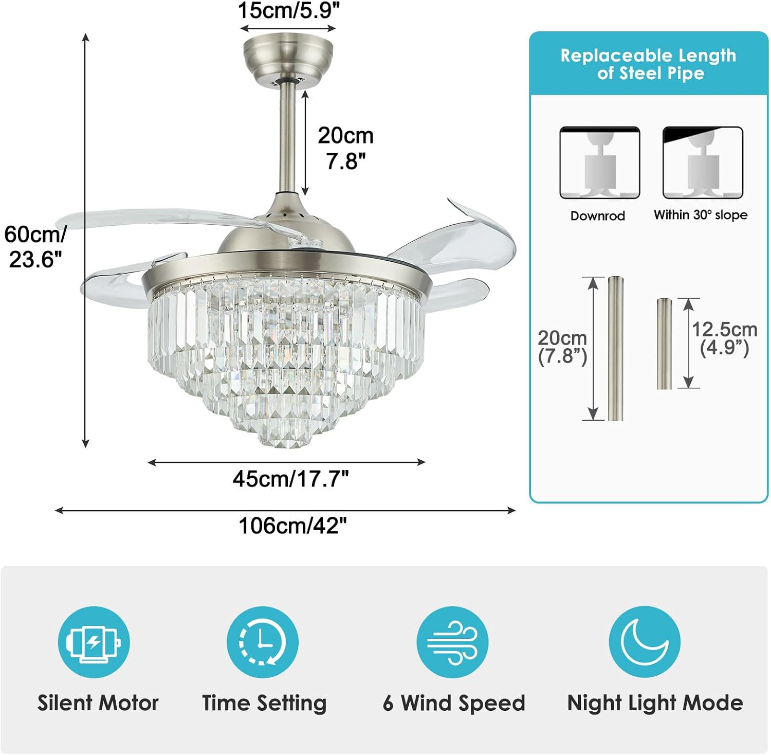 42' Dimmable LED Ceiling Fan with Light Crystal Chandelier Fan with Remote Control Noiseless Reversible Motor for Bedroom Living Room Study Kitchen Dinning Room (Nickel)