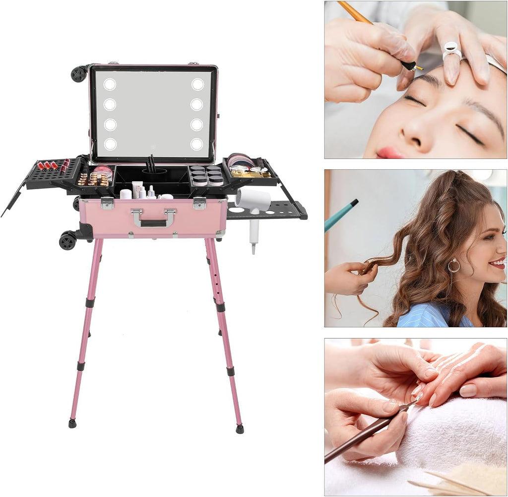 Aluminum Trolley Makeup Train Case with LED Light & Mirror,Professional Travel Cosmetic Organizer Box with Retractable Legs, Rolling Lighted Makeup Vanity Station for Salon Barber (Pink)
