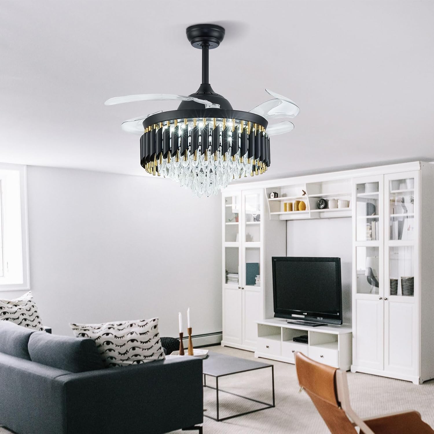 42' Black Ceiling Fan with Lights and Remote, Dimmable LED Fan Light, 4-Blade Modern Fandelier, Quiet Reversible Motor, 6 Speeds Timer, PC Blades for Bedroom Living Room Kitchen Dining Room