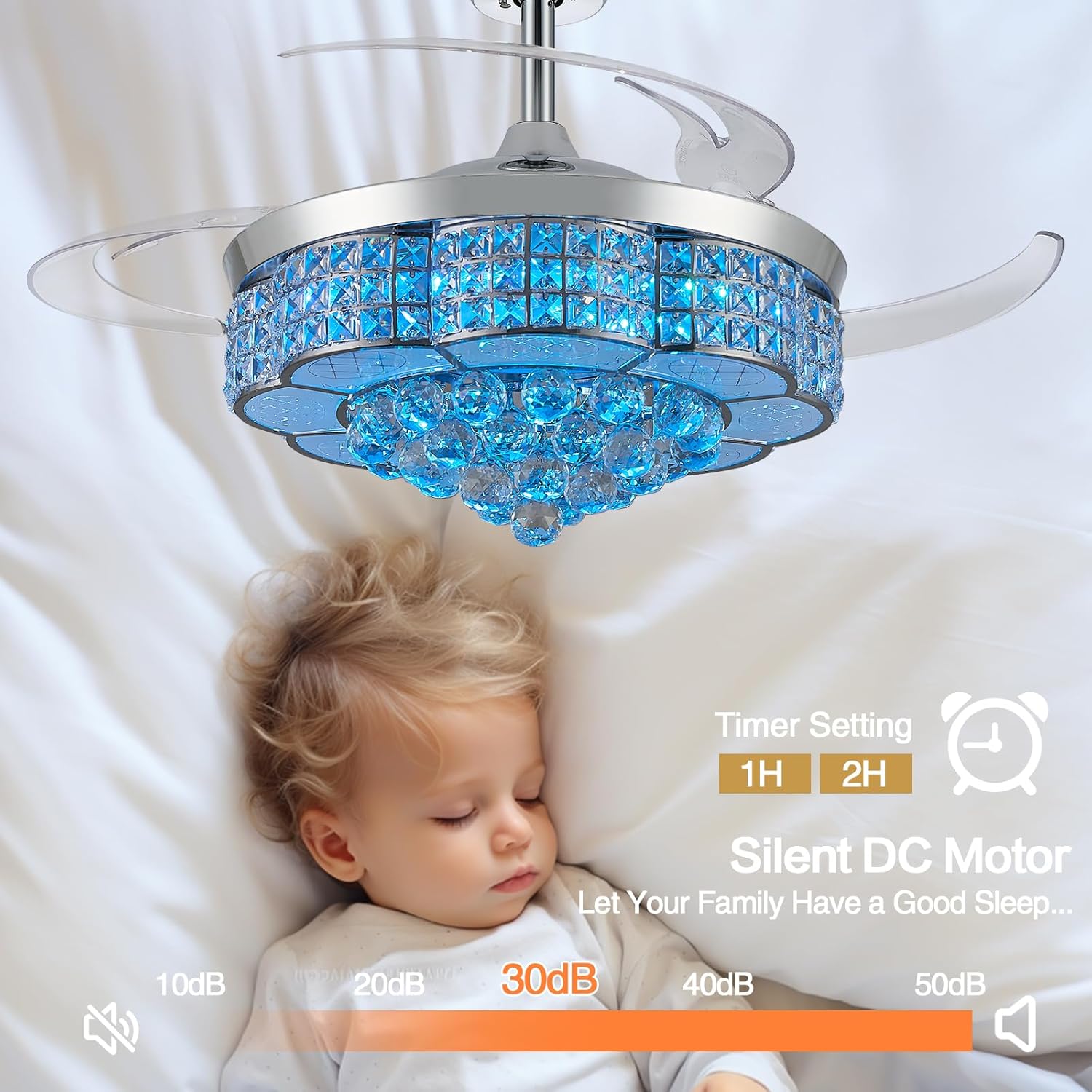 36' RGB Retractable Crystal Ceiling Fan with Light and Speaker Dimmable Bluetooth Chandelier Fan, 6 Speed Timer Fandelier, APP/Remote Control & Speaker for Bedroom,Silver