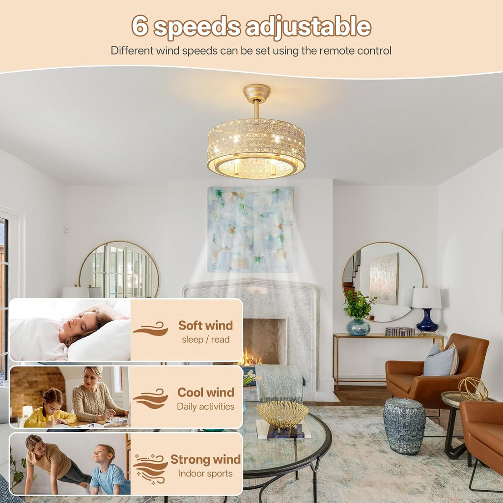 20' Gold Fandelier Ceiling Fan with Lights, Mid Century Gold Caged Ceiling Fans with Lights and Remote, Crystal with 6 Speeds for Bedroom, Living Room, Kitchen