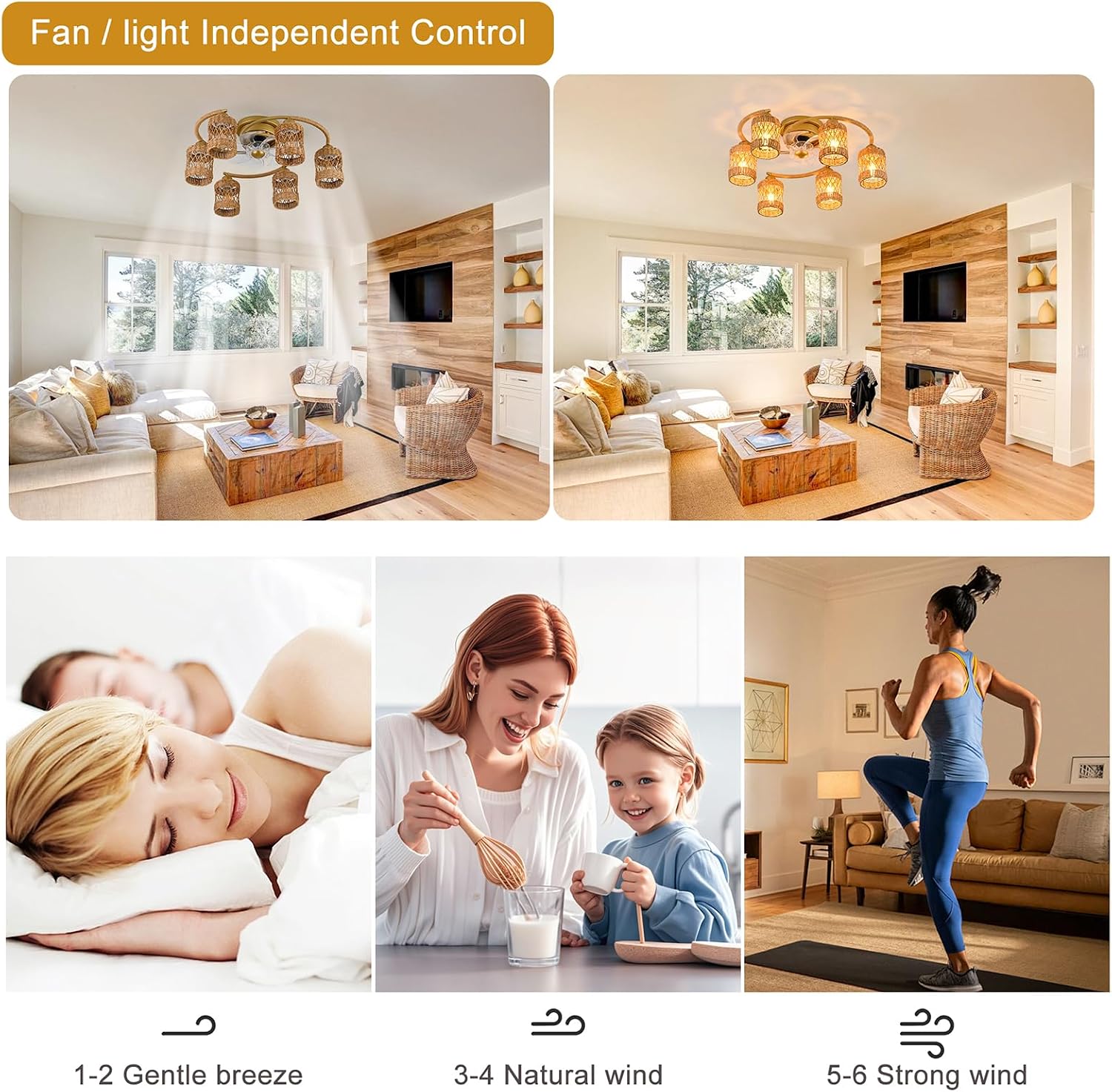 Qcyuui Rattan Boho Ceiling Fan with Light,26.4'' Ceiling Fans with Lights and Remote Low Profile Ceiling Fan with Light with Reversible 6 Speeds for Kitchen Living Room Bedroom,E26 Base (Gold)