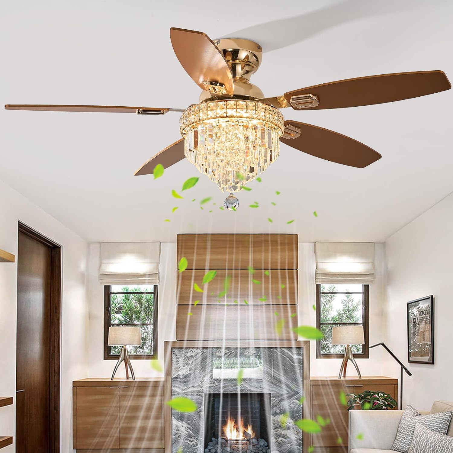 Crystal Ceiling Fan Fandelier with Lights-Ceiling Fans with Lights,50' Low Profile and Remote Control, Flush Mount, Reversible, Dimmable, Noiseless,Ceiling Fan for Bedroom（Gold）