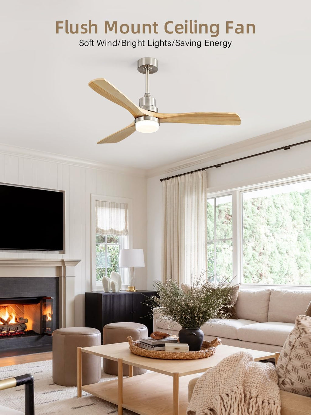 Sofucor 52 Inch Smart Ceiling Fans with Lights and Alexa/Google Assistant/APP/Remote Control-Modern Outdoor 3 Solid Wood Blades Ceiling Fan for Bedroom Living Room Patio, Sandy Nickel&Natural Wood