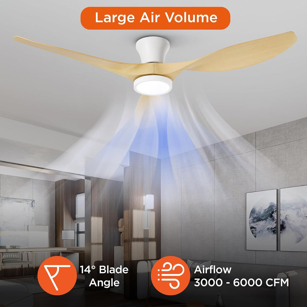 TALOYA 52 inch Ceiling Fans with Lights and Remote, Flush Mount Low Profile Ceiling Fan with Reversible DC Motor ABS Blades for Bedroom Living Room Kitchen Light Oak Finish