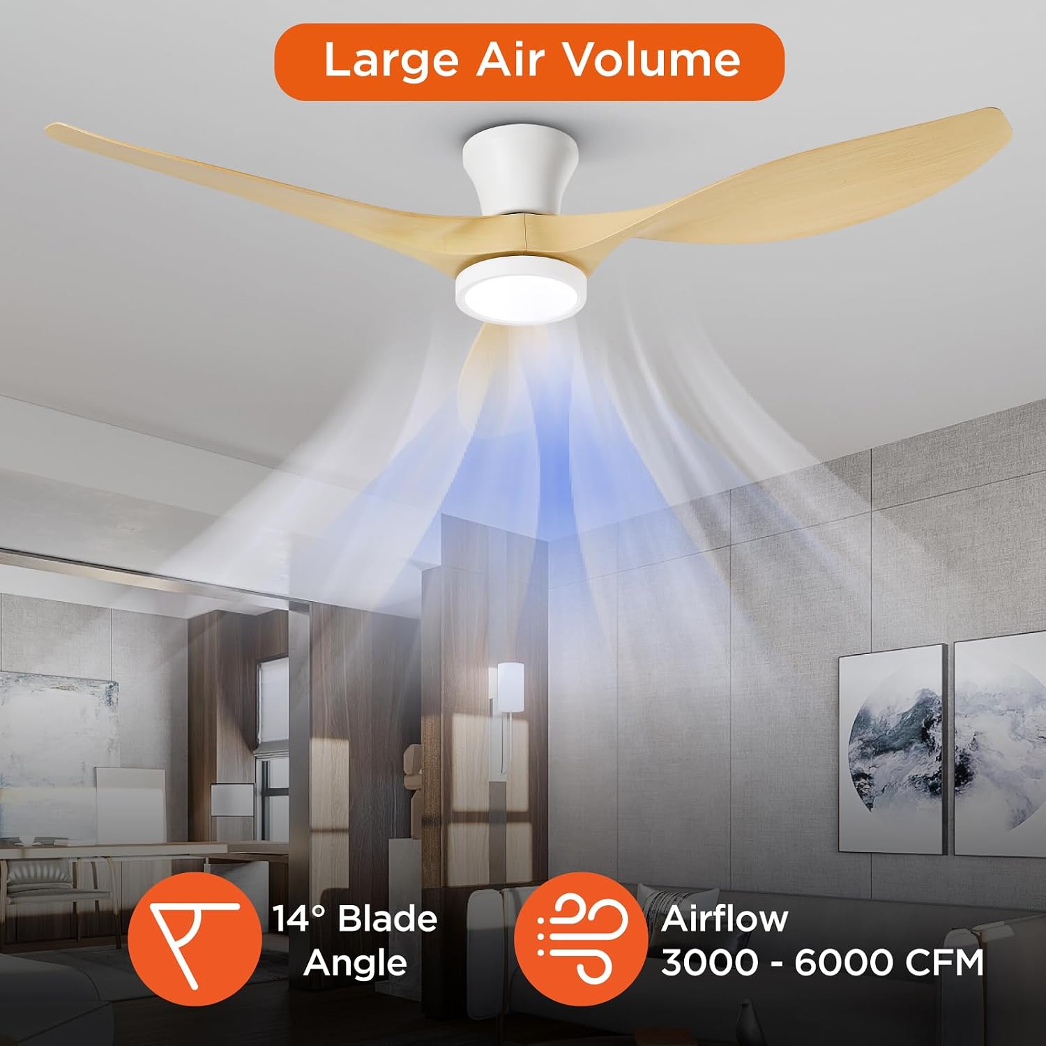 TALOYA 52 inch Ceiling Fans with Lights and Remote, Flush Mount Low Profile Ceiling Fan with Reversible DC Motor ABS Blades for Bedroom Living Room Kitchen Light Oak Finish