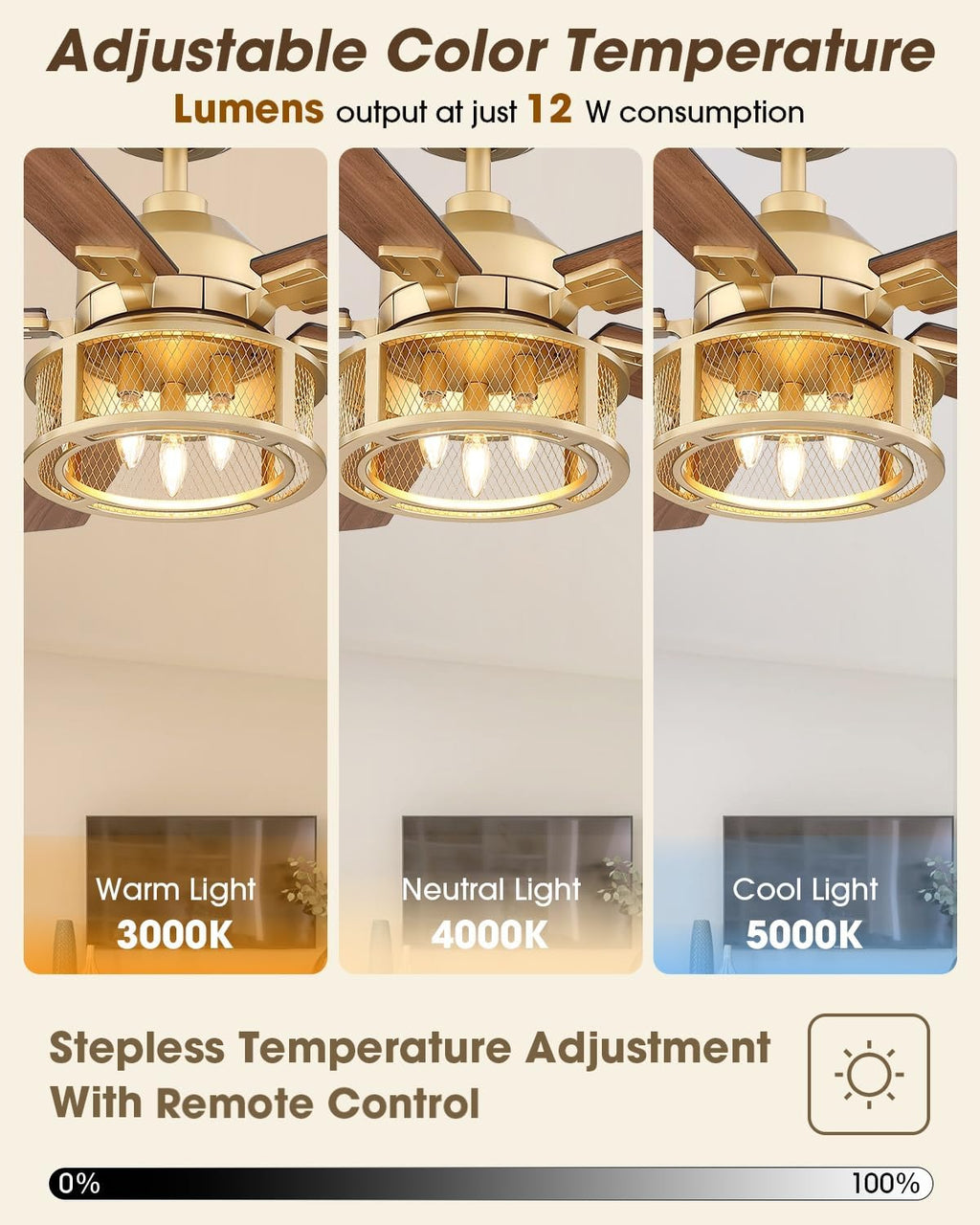 Parrot Uncle 52 Inch Ceiling Fan with Lights and Remote, Rustic Gold Ceiling Fan for Living Room Bedroom, 2 Color Blades, 3 Speeds,3 CCT,Timing and Memory Function(Bulb not included)