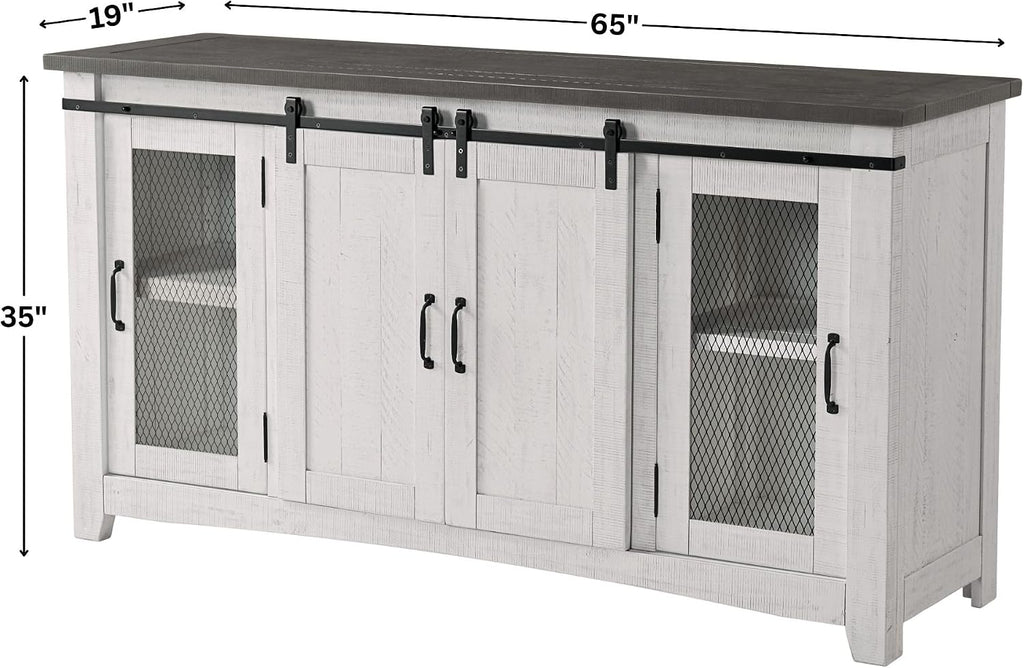 Martin Svensson Home 65' Solid Pine Wood Entertainment Center with Storage. Rustic TV Stand for TVs up to 70.' Sliding Doors, Adjustable Shelves & Cable Management – White and Grey Finish