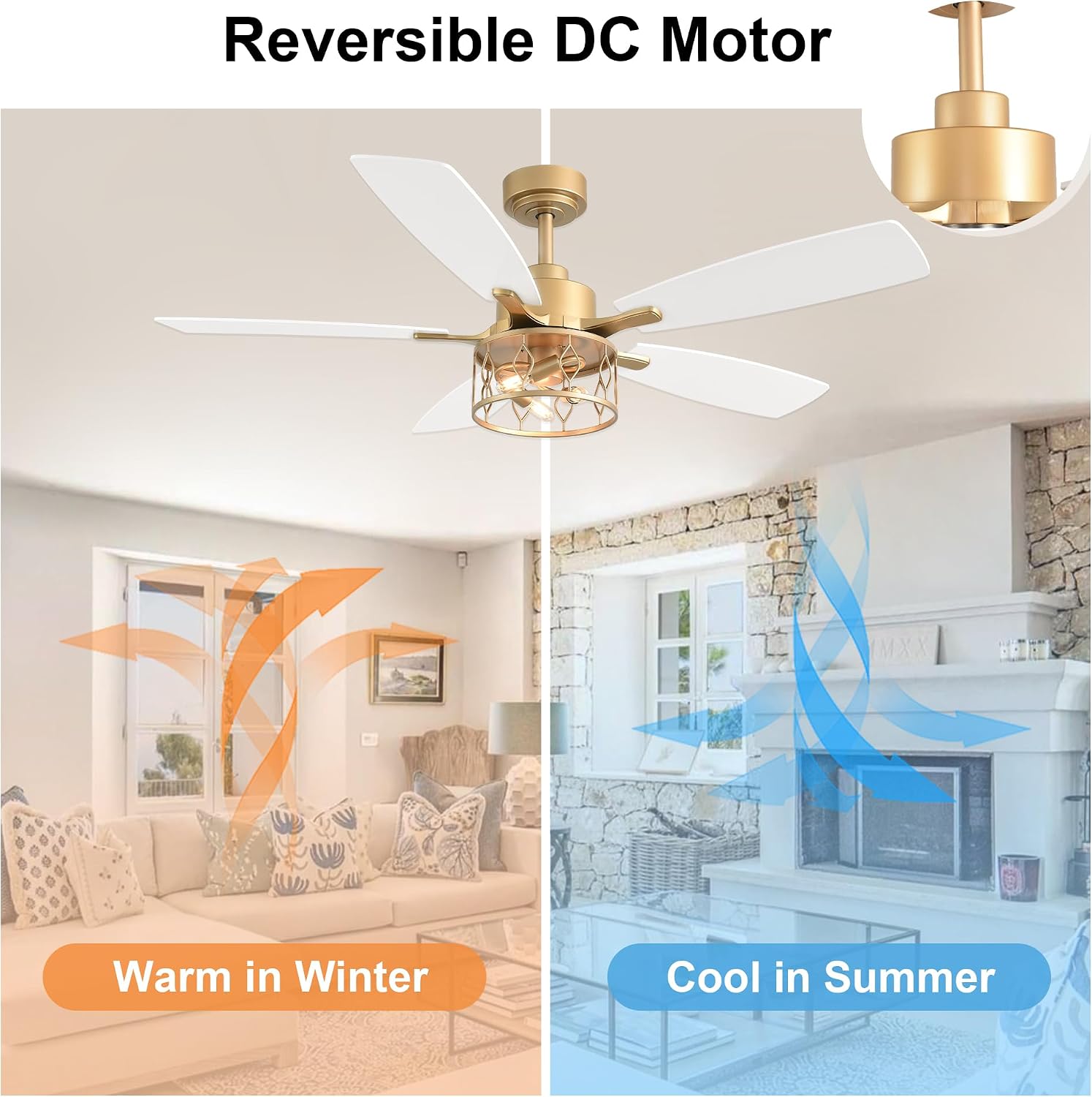 52 Inch White and Gold Ceiling Fan with Lights Modern Fandelier Ceiling Fan Industrial Caged Fandelier Farmhouse Rustic Chandelier Light for Living Room Indoor Outdoor, Reversible 6 Speeds