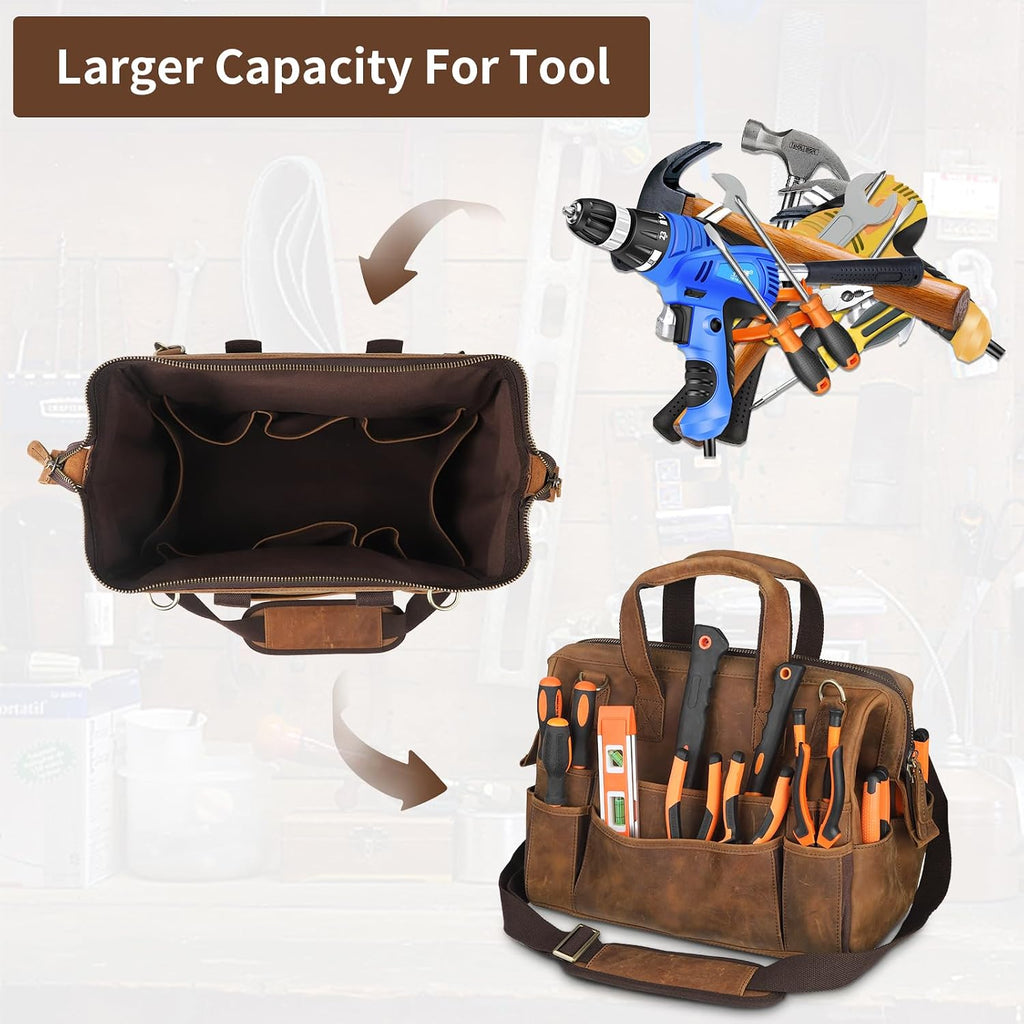 Leather Tool Bag Wide Mouth Tool Storage Bag for Hand Tools 16 inch Tool Tote Bag, Gardening, Outdoorsmen, Heavy Duty Organizer Electrician Tool Bag