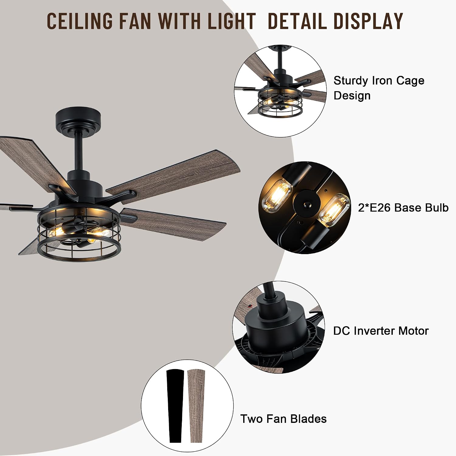 46' Farmhouse Caged Ceiling Fan with Light and Remote, Reversible DC Motor, 5 Double Finish Wood Blades, Rustic Retro Chandelier Ceilng Fan with Light for Living Room Dining Room Bedroom