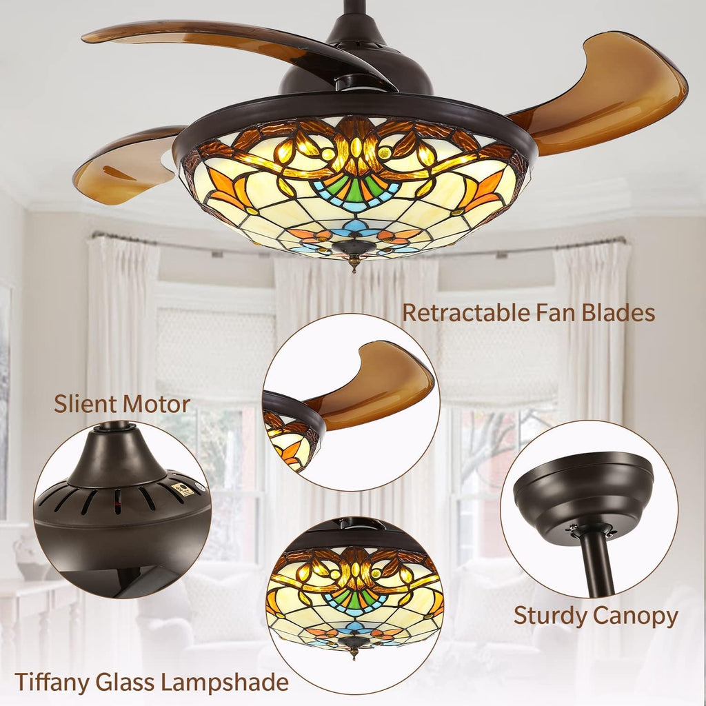36' Tiffany Style Ceiling Fan with Lights, Remote Control Led Dimmable Fandelier Fixture with 4 Retractable Reverse Blades, Vintage Stained Glass Suit for Bedroom Living Room