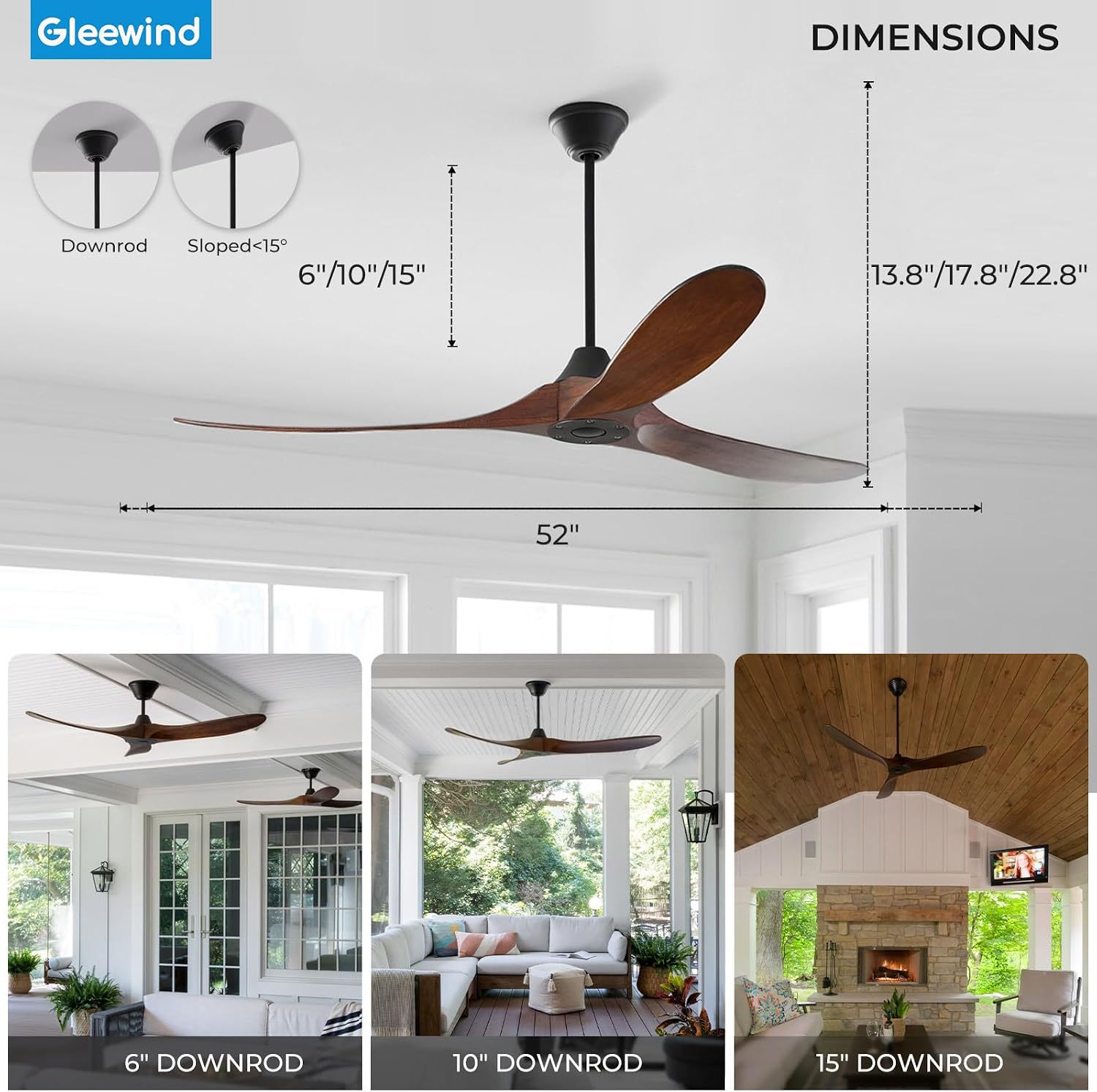 Outdoor Ceiling Fan No Light for Patios, 52 inch Ceiling Fans Without Lights with Smart App and Remote Control, Wet Rated 3 Blades Wood Propeller Modern Fan for Exterior Outside, High CFM, Walnut