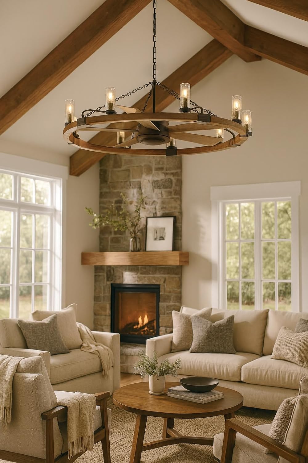 Hinkley Sawyer 52' LED Smart Ceiling Fan with Light and Remote, Rustic Wagon Wheel Chandelier Fandelier, Composite Material, Wet Rated Indoor Outdoor, Seedy Glass Shades, Matte Black and Driftwood