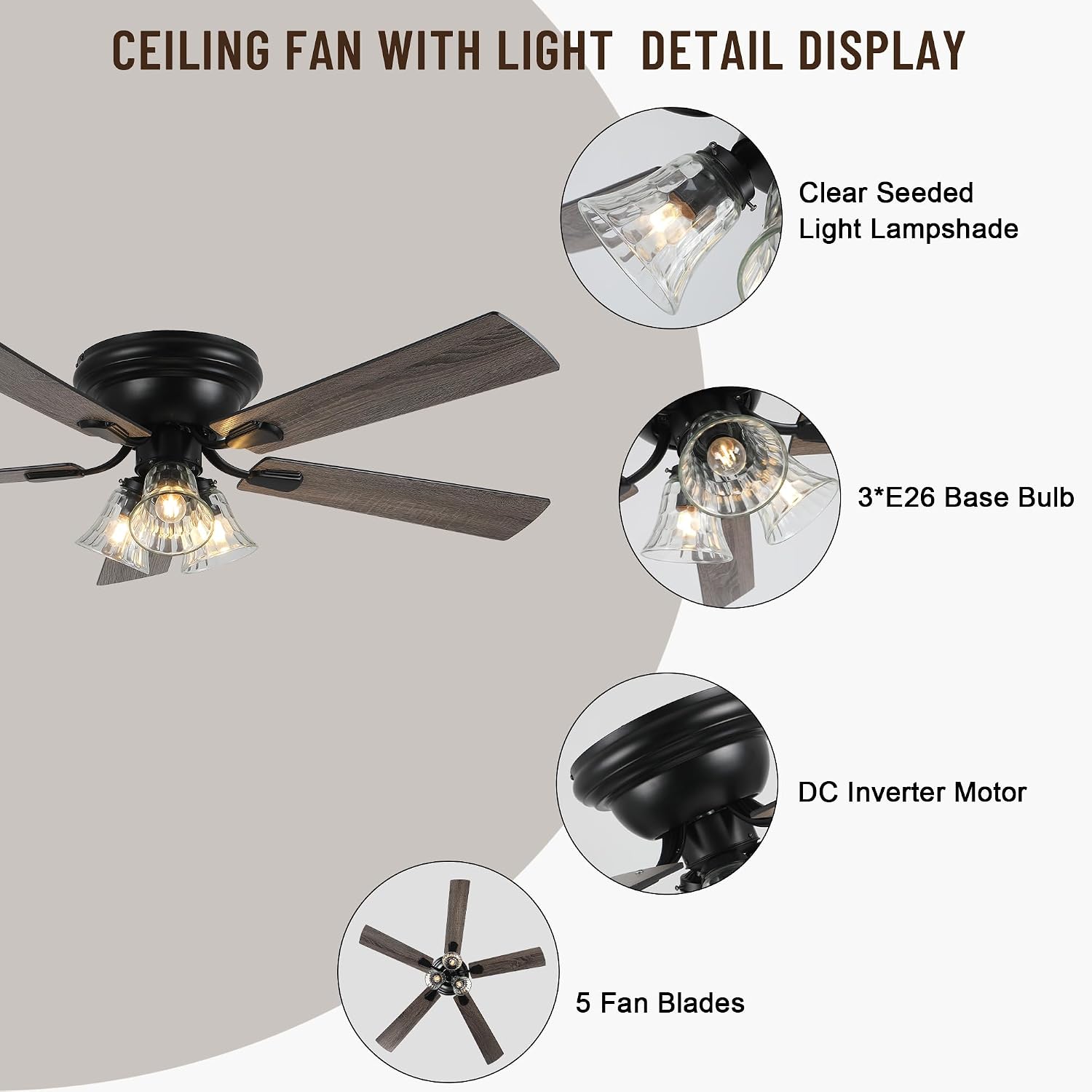 52'' Flush Mount Ceiling Fans with Lights and Remote Control,Reversible DC Motor,5 Reversible Blade,6 Speeds,Rustic Farmhouse Ceiling Fan for Living Room,Dining Room,Bedroom