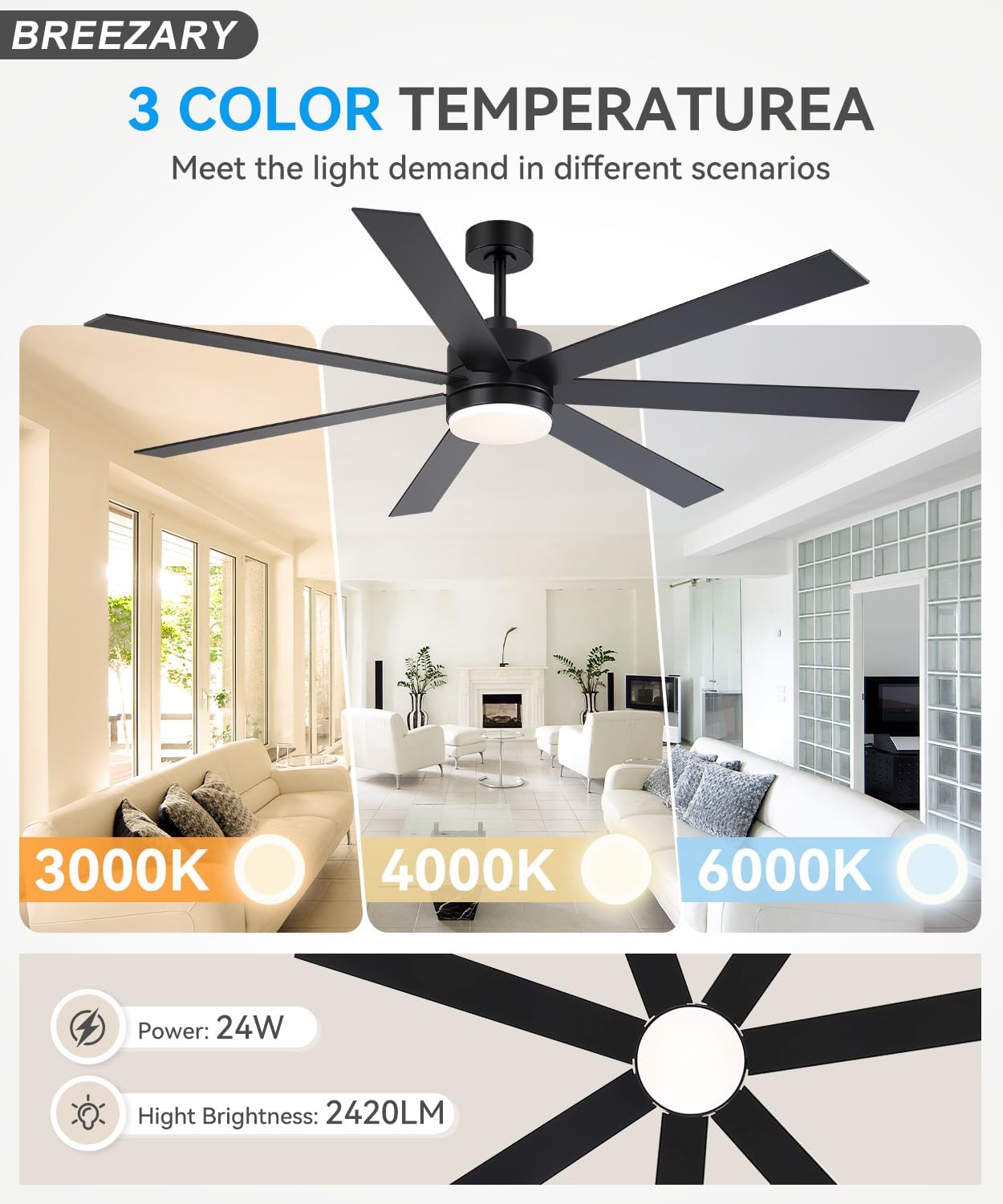 72 inch Large Ceiling Fans with Lights and Remote, 6-Speed Reversible DC Motor, 3 CCT, Dual Finish 7 Blades, Indoor/Outdoor Farmhouse Black Ceiling Fan for Kitchen Living Room Patio