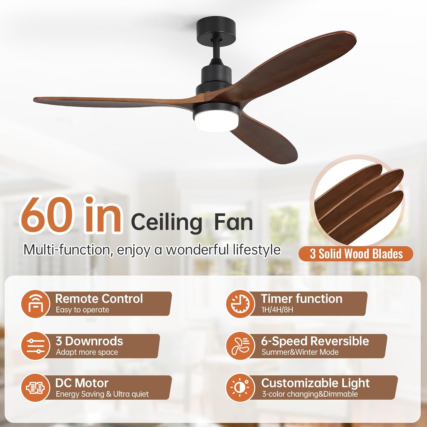Sofucor 60 Inch Ceiling Fan with Lights Remote Control Walnut Blades Dimmable Light Reversible DC Motor Modern Wood Ceiling Fans for Kitchen, Bedroom, Basement, Dining, Living Room Matte Black