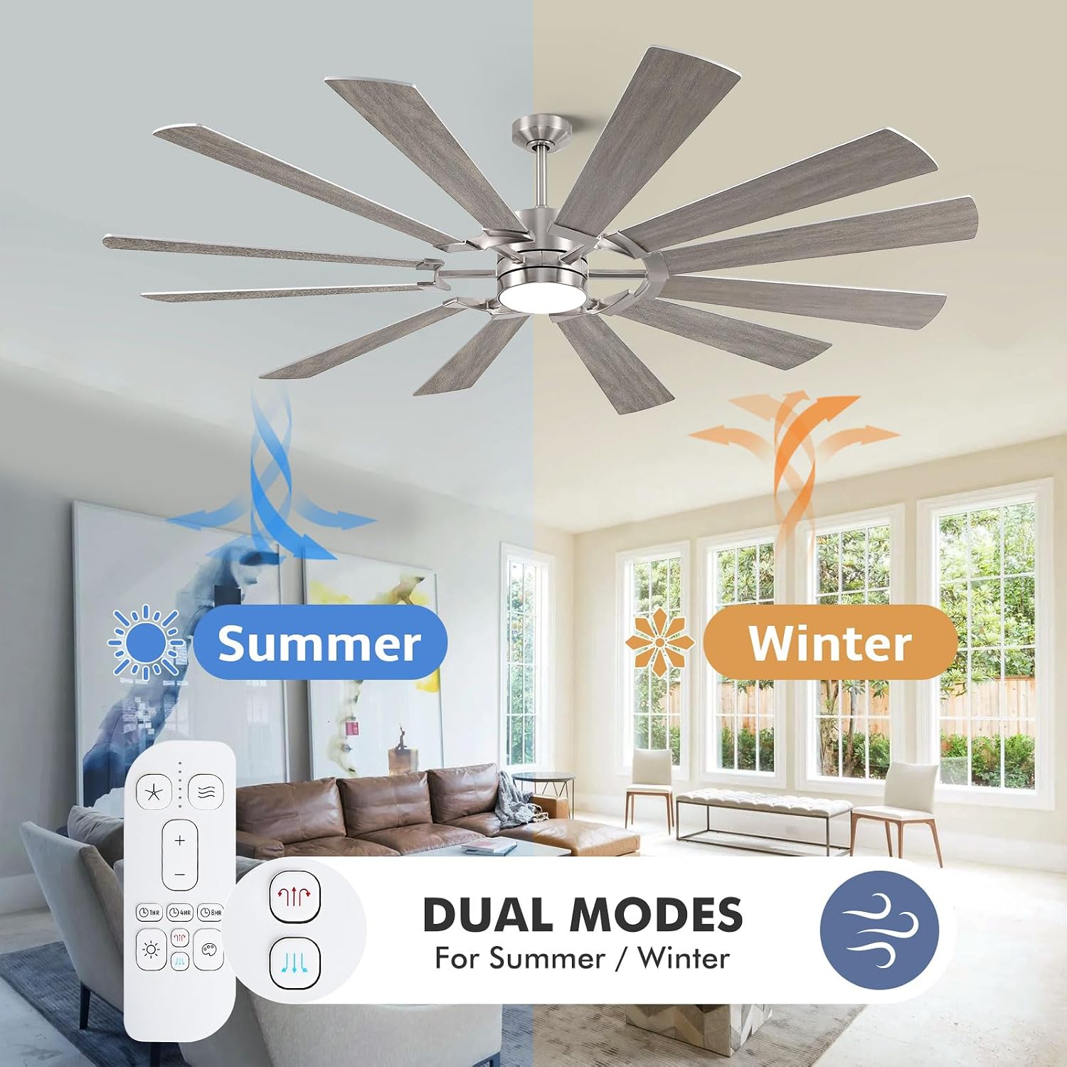 72' Outdoor Ceiling Fan with Light Remote, 12 Blade Large Modern Industrial Ceiling Fan with Dimmable Light High CFM Quiet Energy Efficient DC Motor, for Indoor Exterior Home Commercial, Silver+Oak