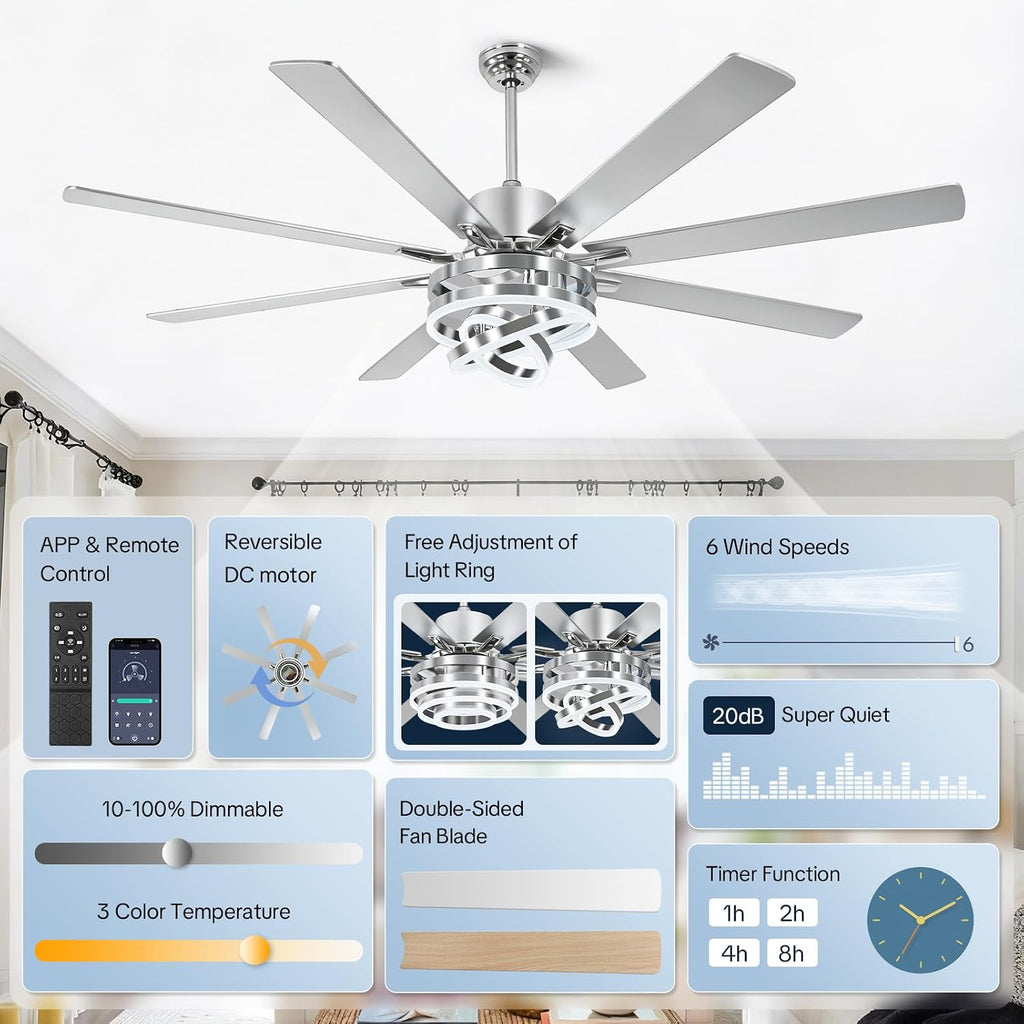 72' Ceilling Fans with Lights, Chandelier Fan Modern DC Motor Dimmable Led Fandelier Ceiling Fan with Light for Bedroom, Living Room, Indoor/Outdoor, Silver